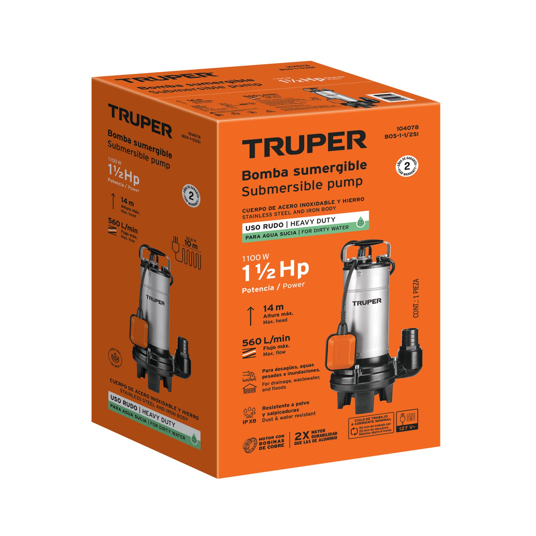 Bomba sumergible acero inox./hierro, a.sucia,1-1/2HP, TRUPER. Modelo: BOS-1-1/2SI