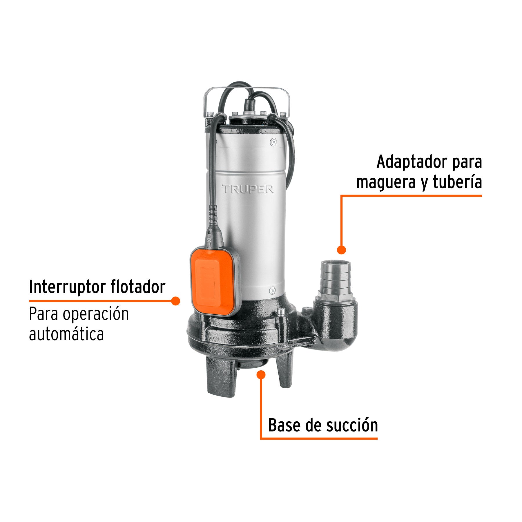 Bomba sumergible acero inox./hierro, a.sucia,1-1/2HP, TRUPER. Modelo: BOS-1-1/2SI