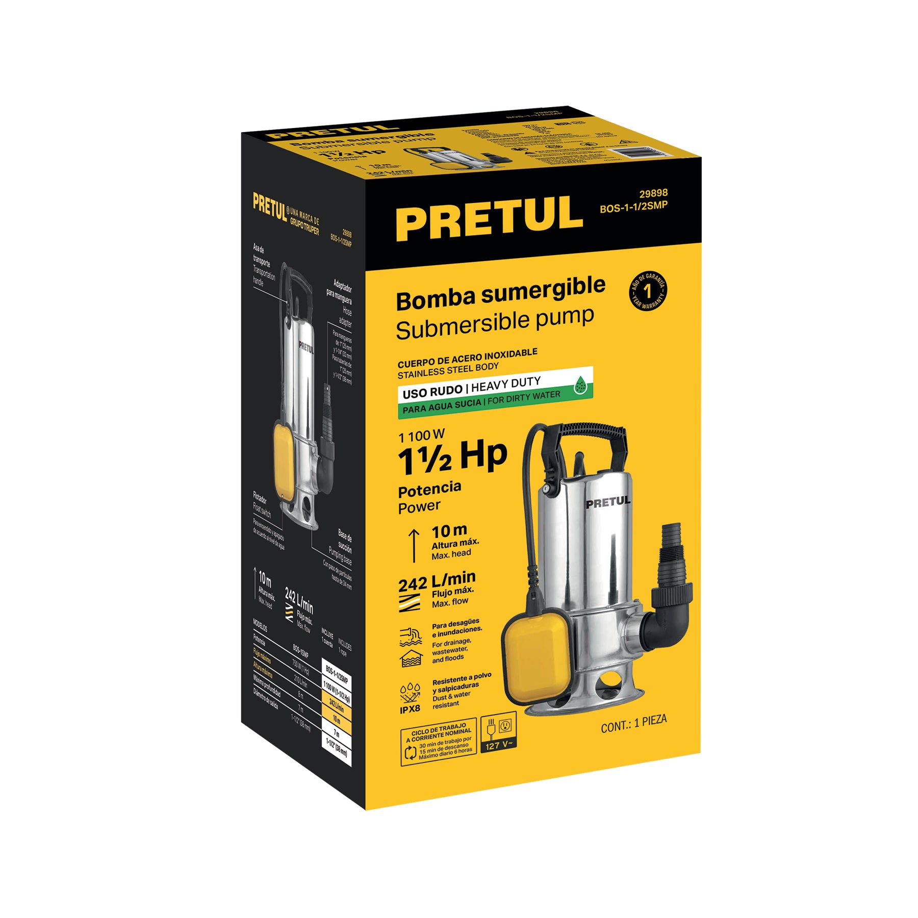 Bomba sumergible acero inoxidable,agua sucia,1-1/2HP, PRETUL. Modelo: BOS-1-1/2SMP