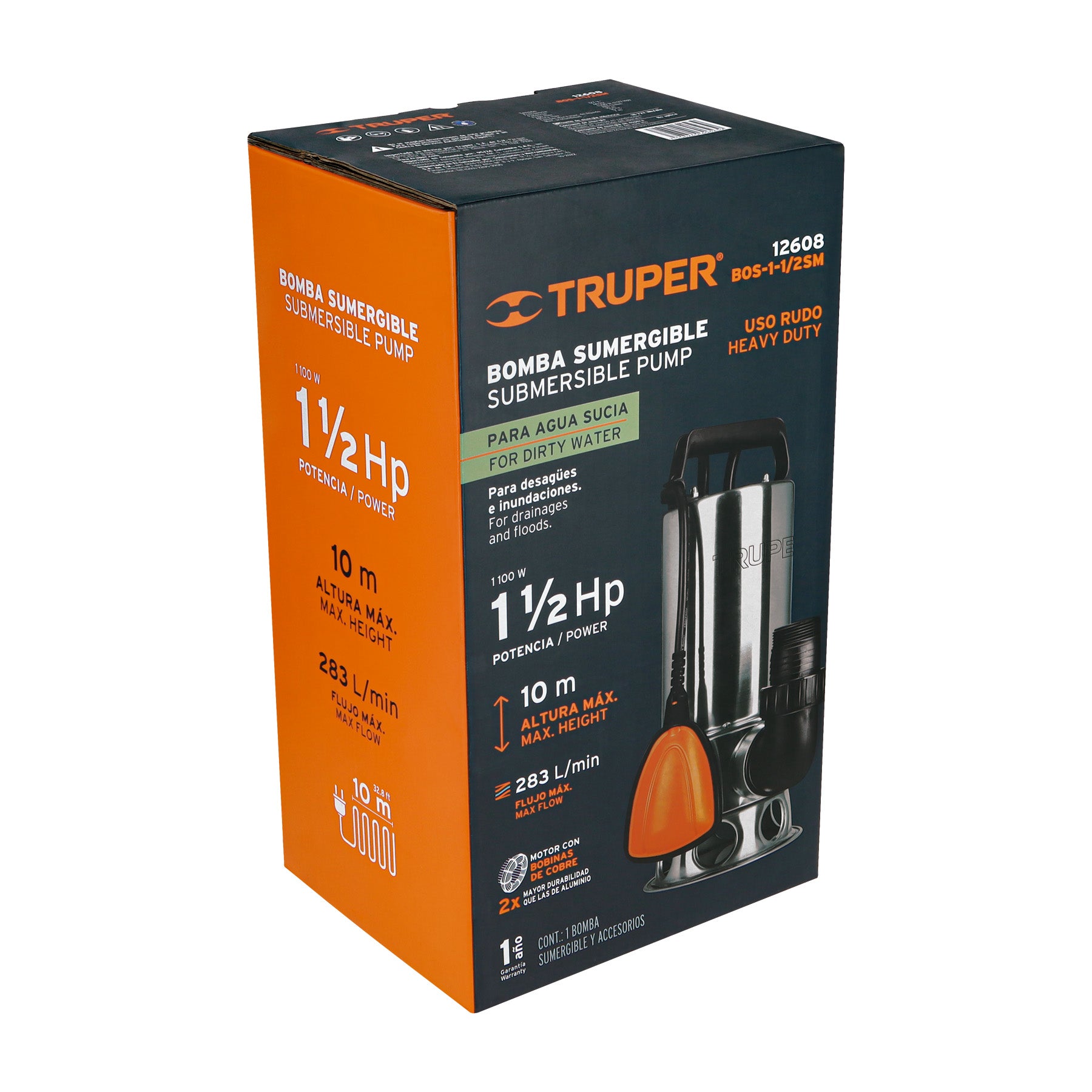 Bomba sumergible acero inoxidable,agua sucia,1-1/2HP, TRUPER. Modelo: BOS-1-1/2SM
