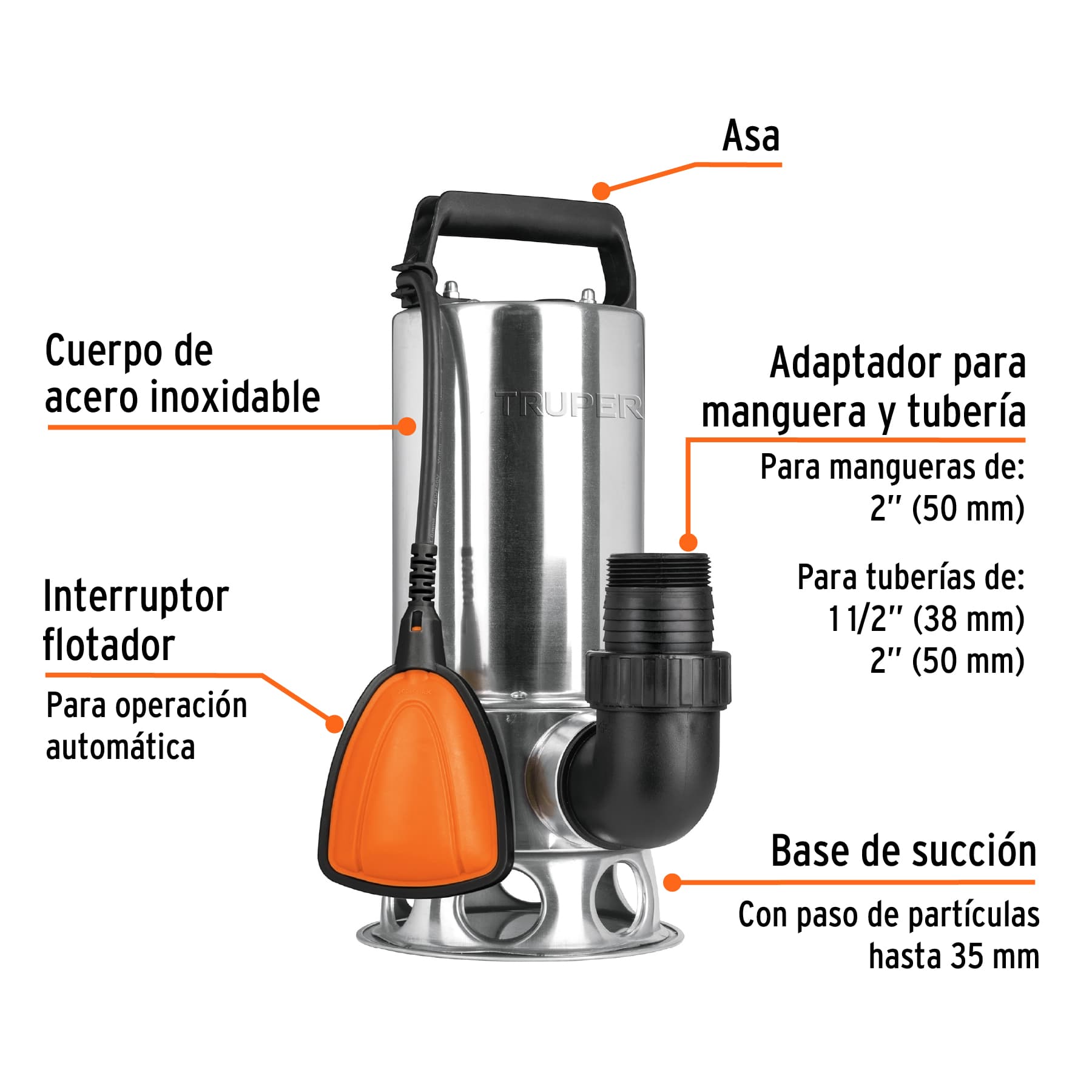 Bomba sumergible acero inoxidable,agua sucia,1-1/2HP, TRUPER. Modelo: BOS-1-1/2SM