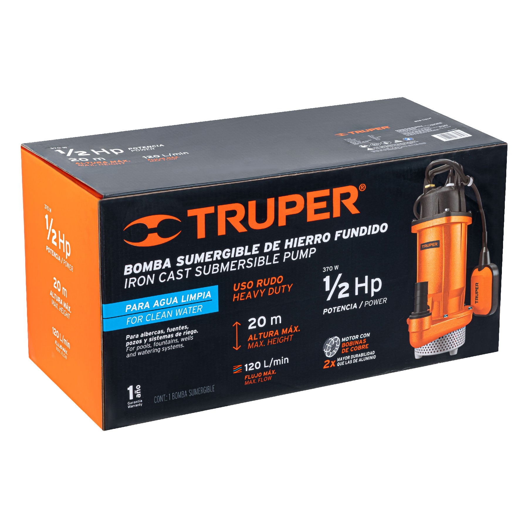 Bomba sumergible hierro fundido, agua limpia, 1/2 HP, TRUPER. Modelo: BOS-1/2LH