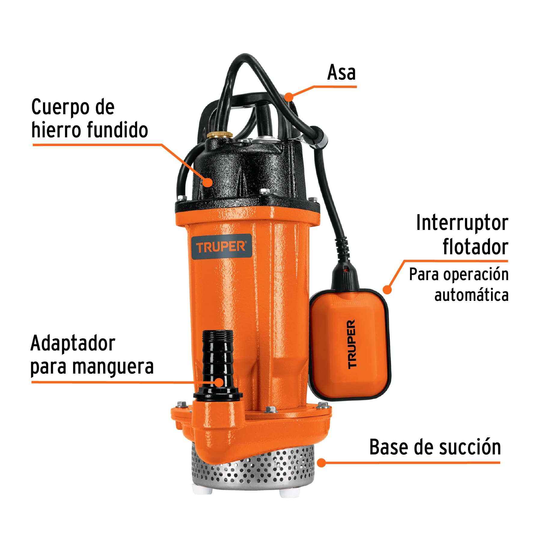 Bomba sumergible hierro fundido, agua limpia, 1/2 HP, TRUPER. Modelo: BOS-1/2LH