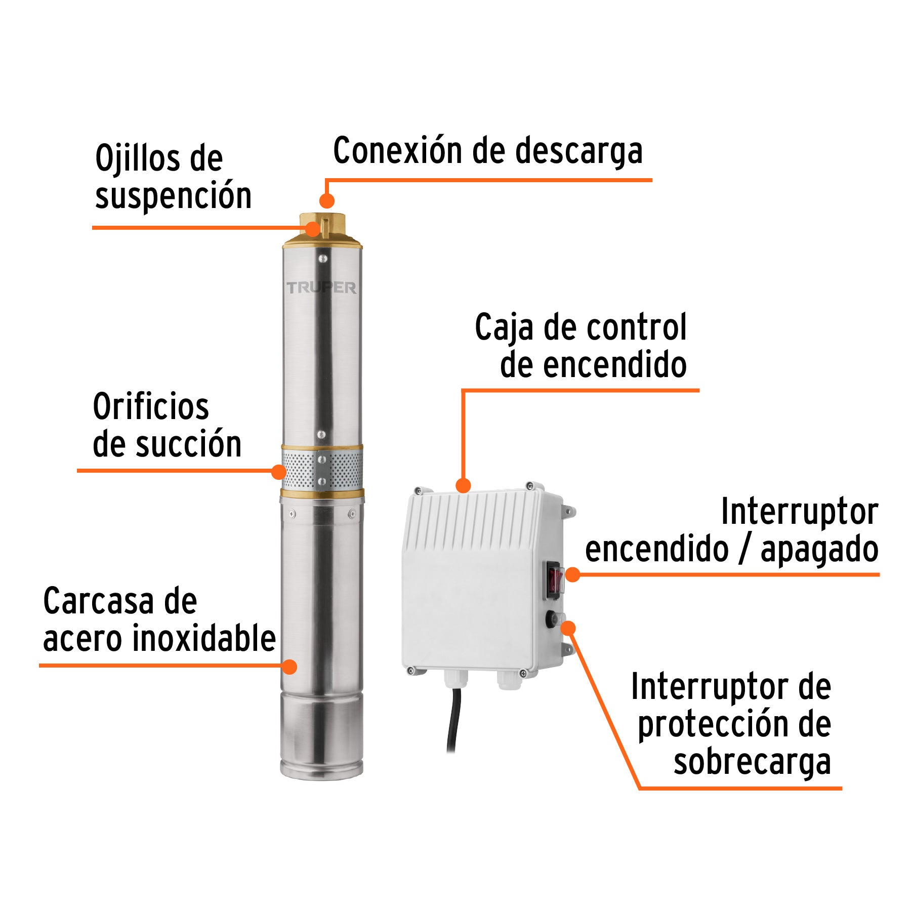 Bomba sumergible tipo bala 4', 1/2HP, agrícola, 220V,TRUPER. Modelo: BOS-1/2LM-2