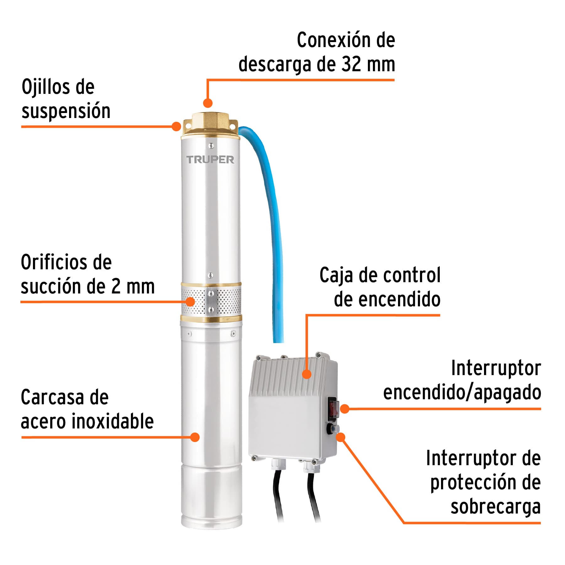 Bomba sumergible tipo bala 4', 1/2HP, uso agrícola, TRUPER. Modelo: BOS-1/2LM2