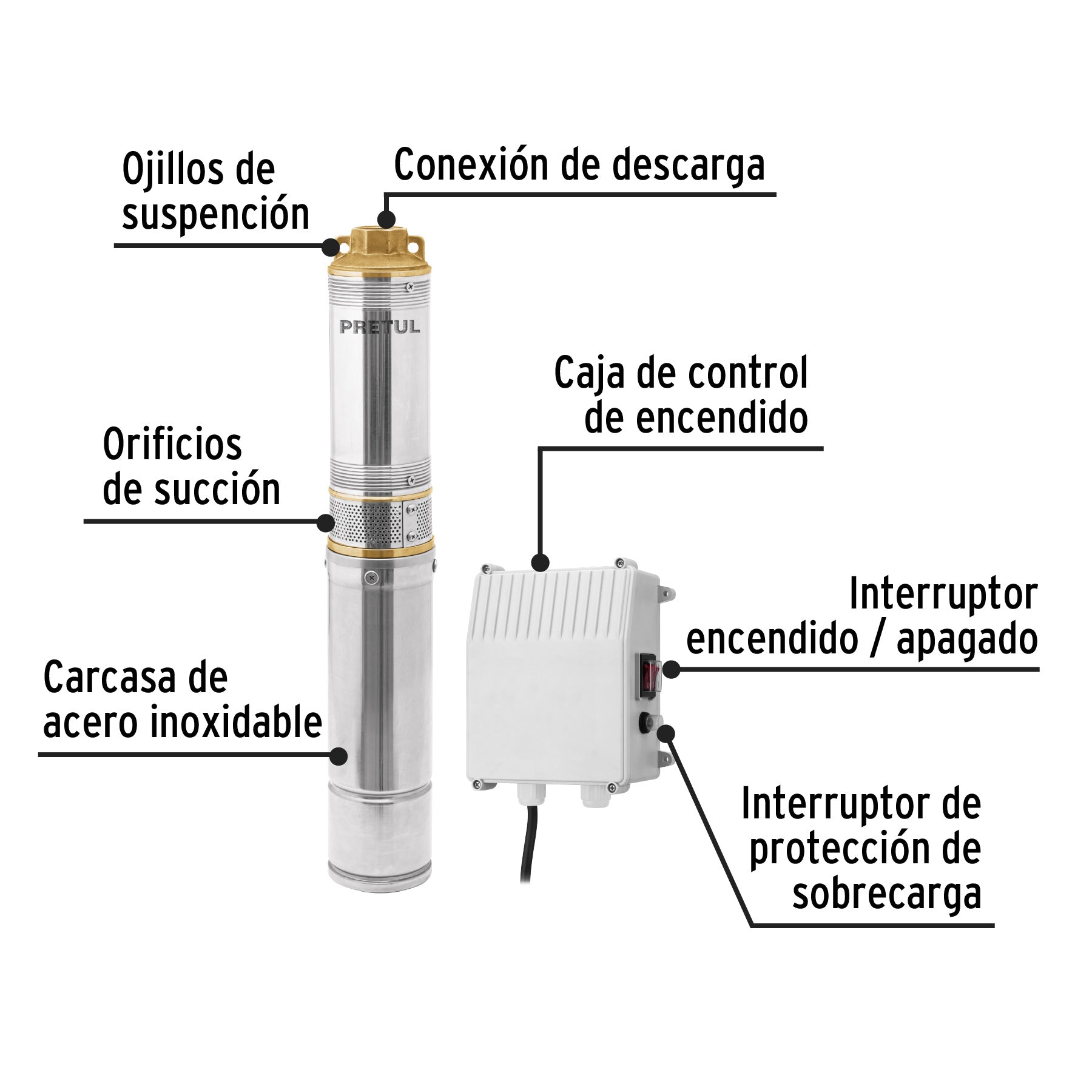 Bomba sumergible tipo bala 4', 1/2HP, uso agrícola, PRETUL. Modelo: BOS-1/2LMP