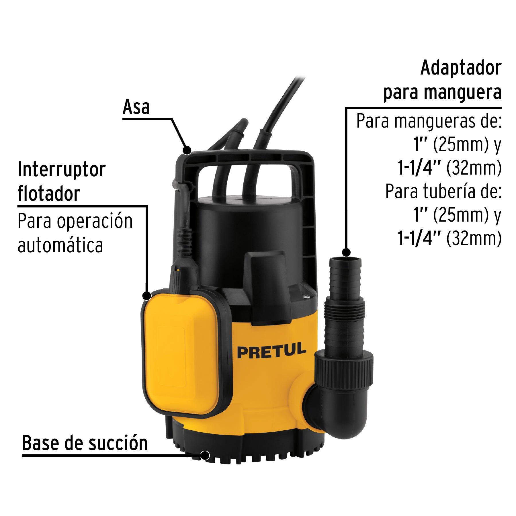 Bomba sumergible plástica, 1/2 HP para agua limpia, PRETUL. Modelo: BOS-1/2LPP