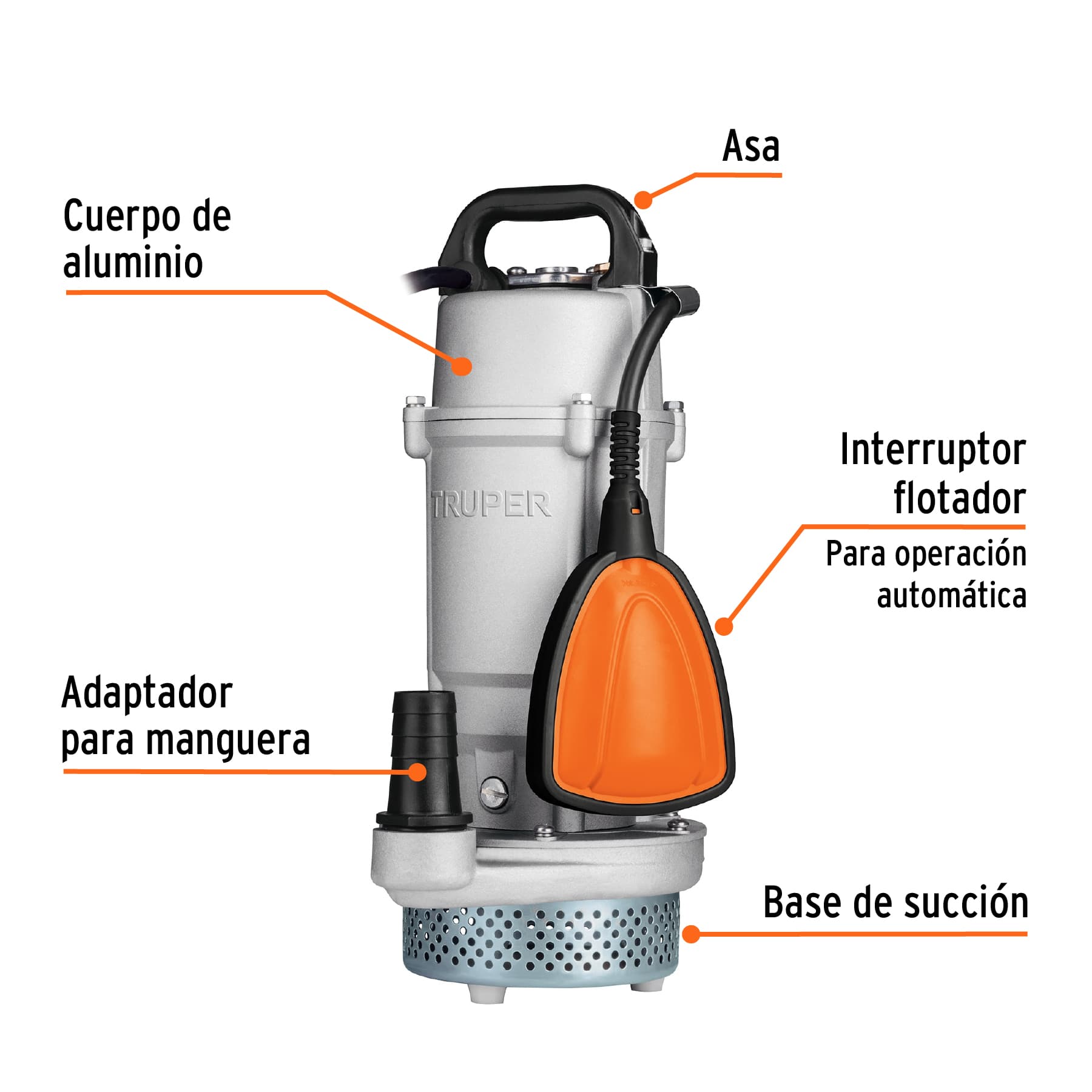 Bomba sumergible cubierta aluminio,agua limpia,1/2HP, TRUPER. Modelo: BOS-1/2LPX