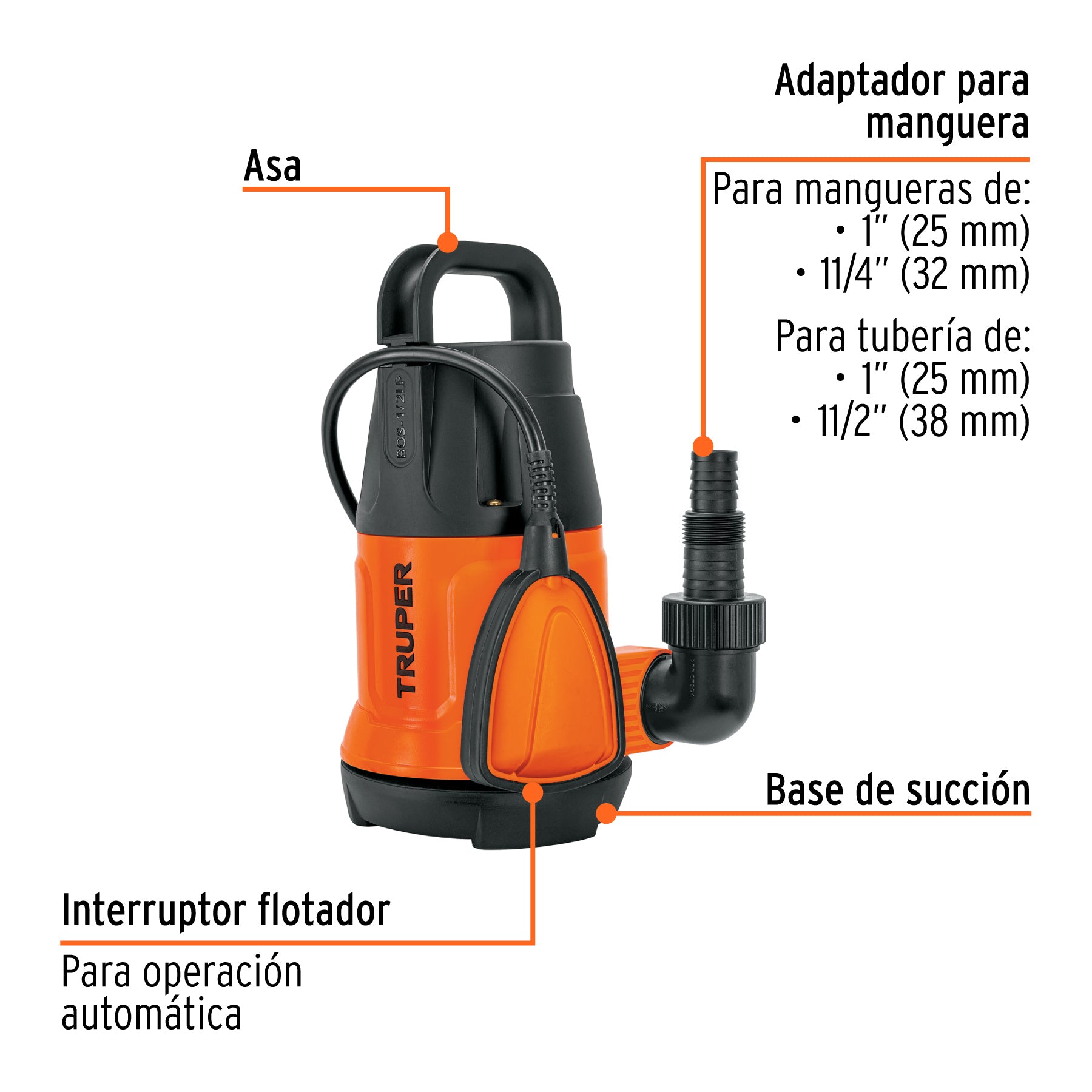 Bomba sumergible plástica, 1/2 HP para agua limpia, TRUPER. Modelo: BOS-1/2LP