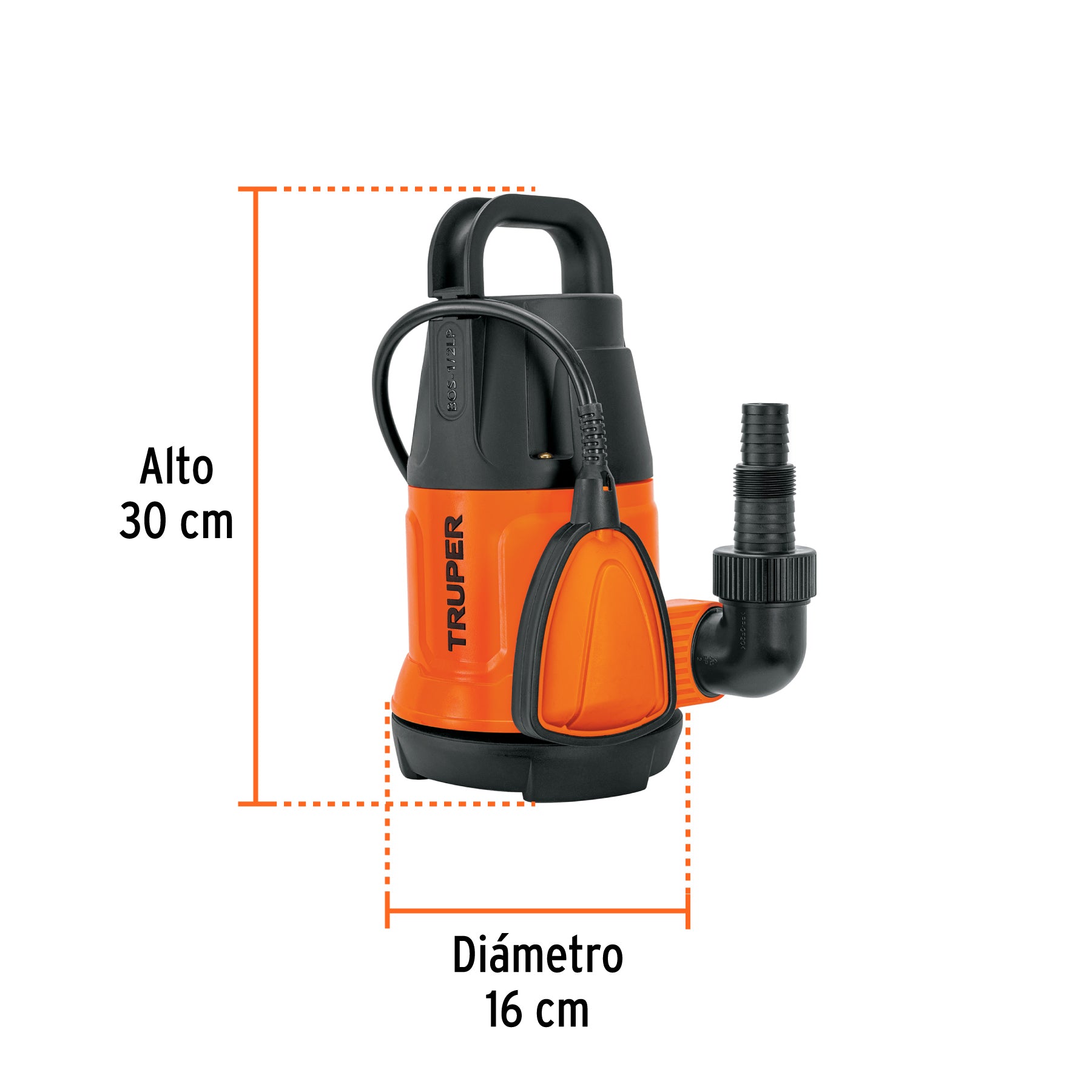Bomba sumergible plástica, 1/2 HP para agua limpia, TRUPER. Modelo: BOS-1/2LP