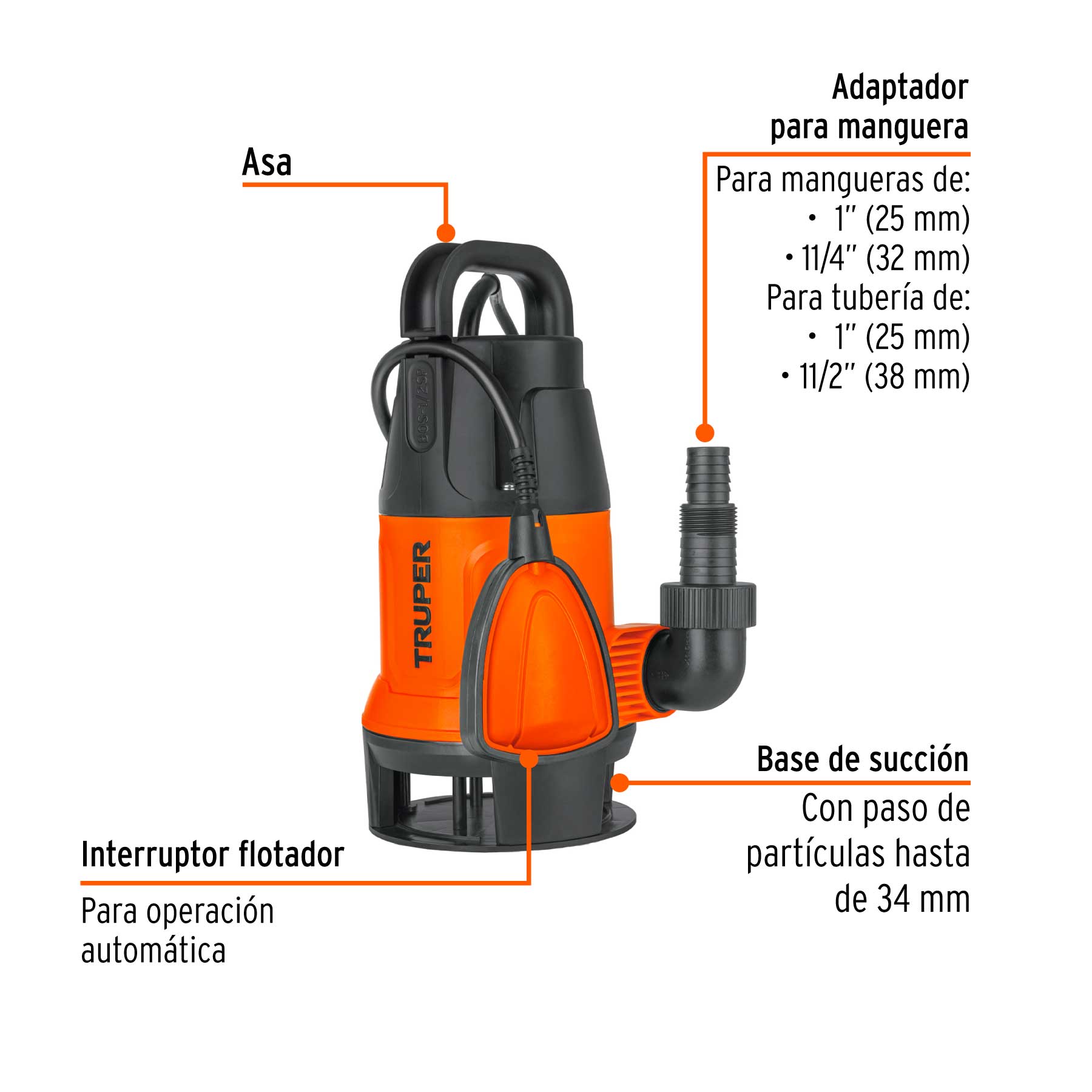 Bomba sumergible plástica, 1/2 HP para agua sucia, TRUPER. Modelo: BOS-1/2SP