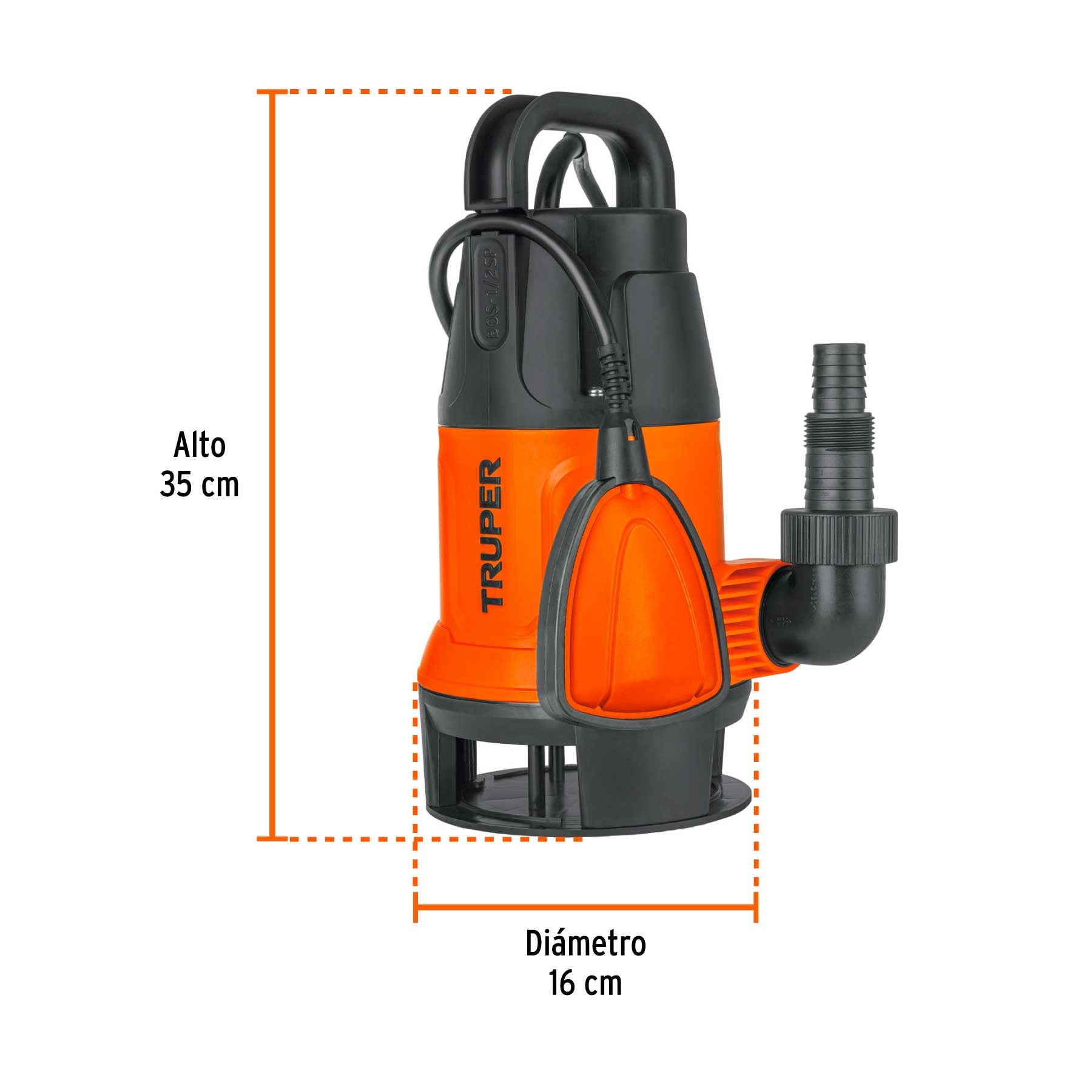 Bomba sumergible plástica, 1/2 HP para agua sucia, TRUPER. Modelo: BOS-1/2SP