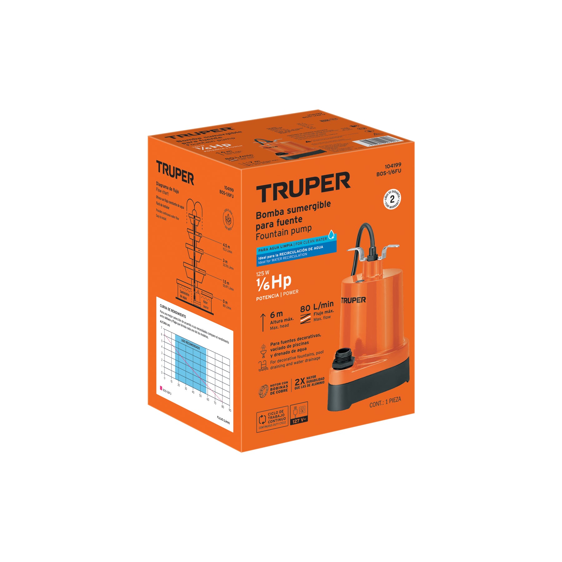 Bomba sumergible para fuente, 1/6 HP, TRUPER. Modelo: BOS-1/6FU