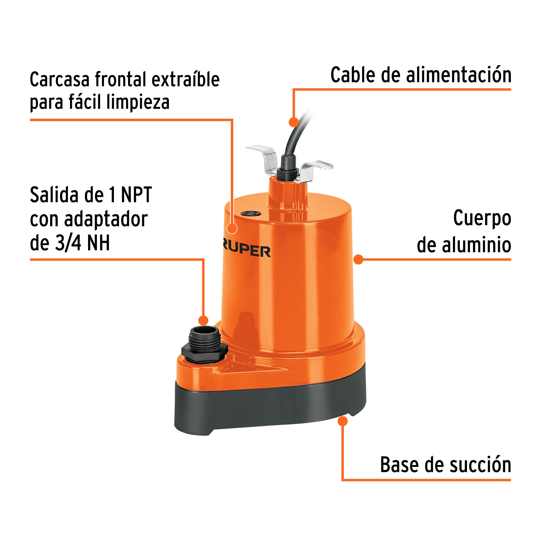 Bomba sumergible para fuente, 1/6 HP, TRUPER. Modelo: BOS-1/6FU