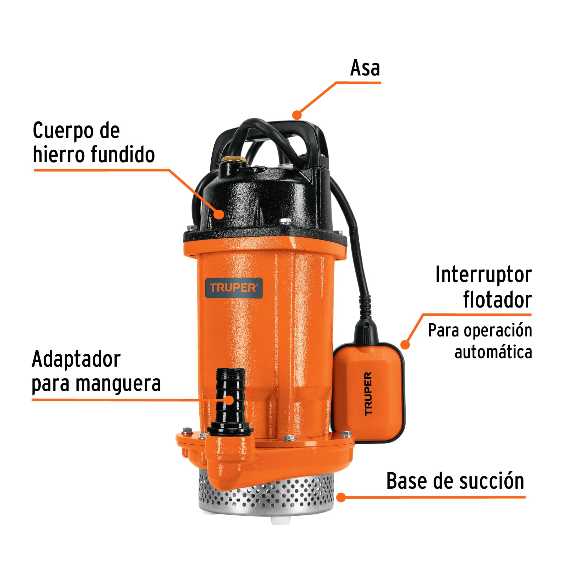 Bomba sumergible hierro fundido, agua limpia, 1 HP, TRUPER. Modelo: BOS-1LH