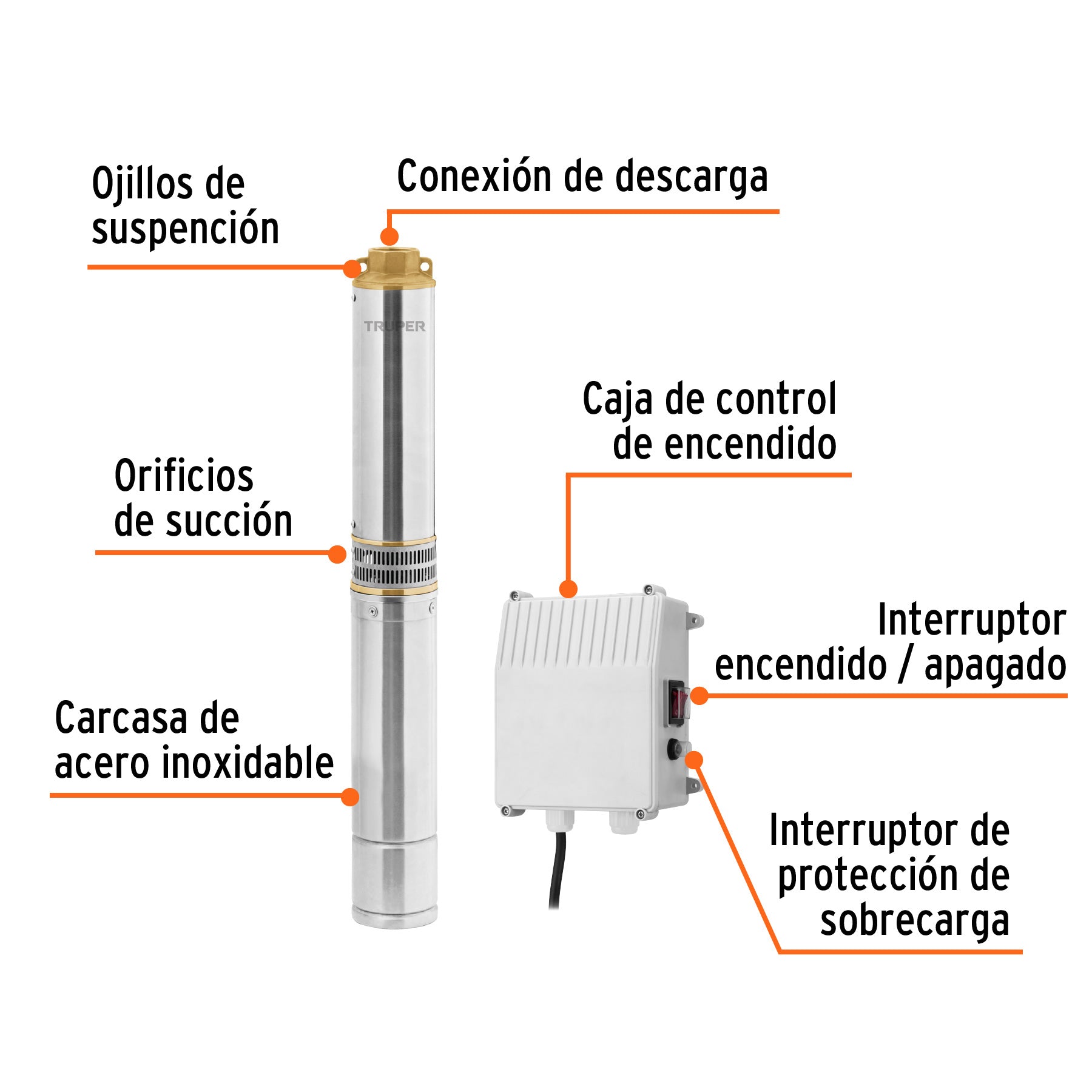 Bomba sumergible tipo bala 4', 1HP,uso agrícola, 220V,TRUPER. Modelo: BOS-1LM-2