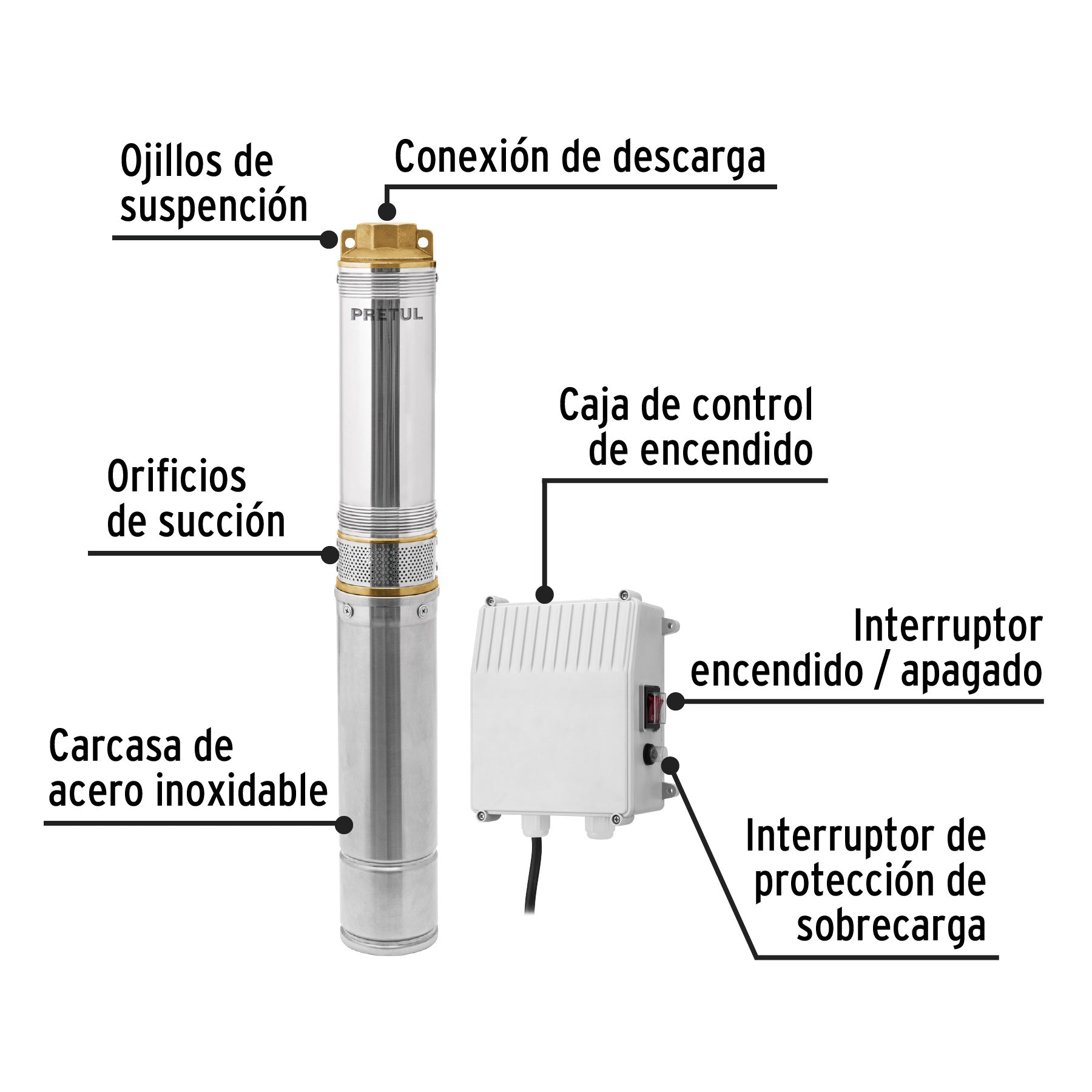 Bomba sumergible tipo bala 4', 1HP, uso agrícola, PRETUL. Modelo: BOS-1LMP