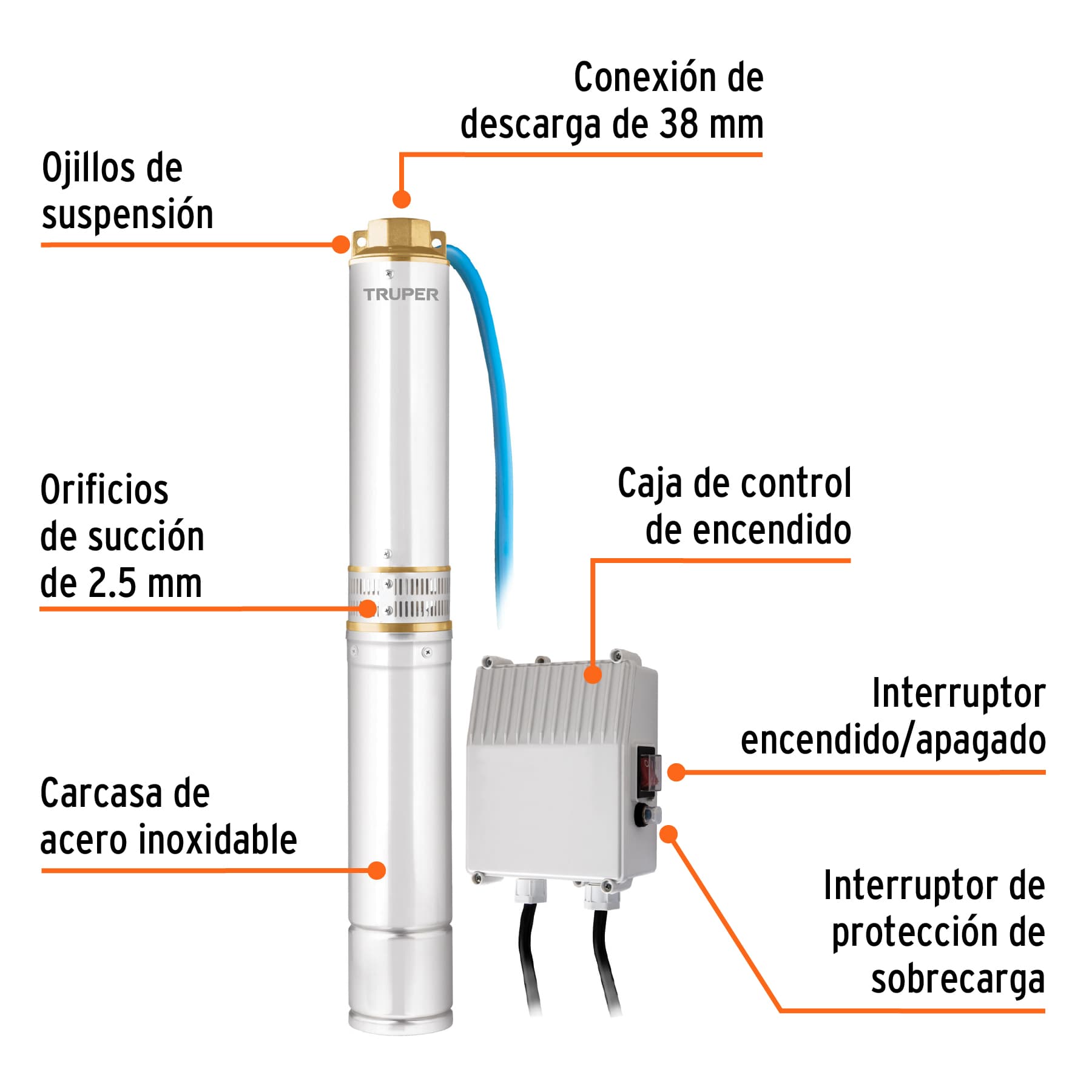 Bomba sumergible tipo bala 4', 1HP, uso agrícola, TRUPER. Modelo: BOS-1LM