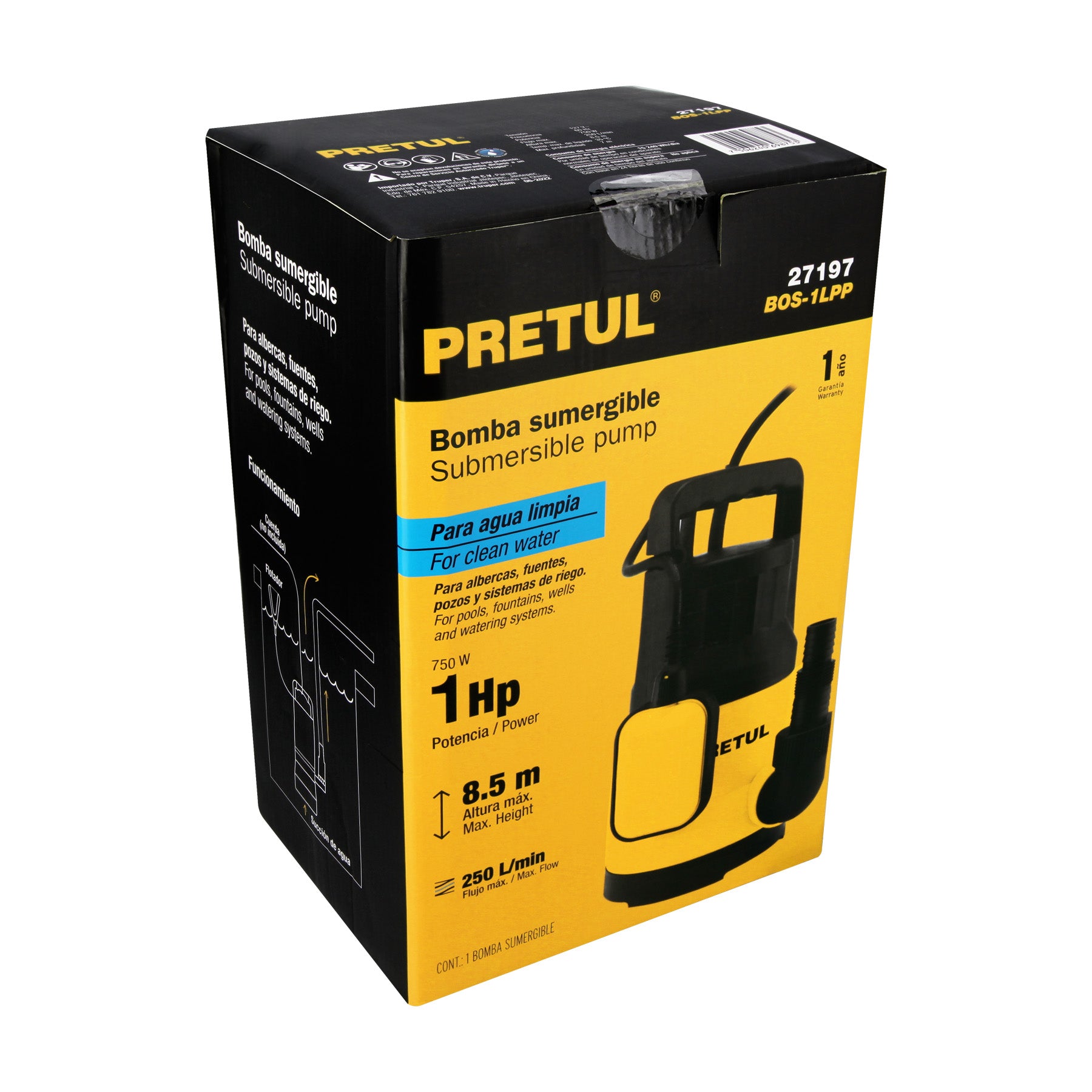 Bomba sumergible plástica, 1 HP para agua limpia, PRETUL. Modelo: BOS-1LPP