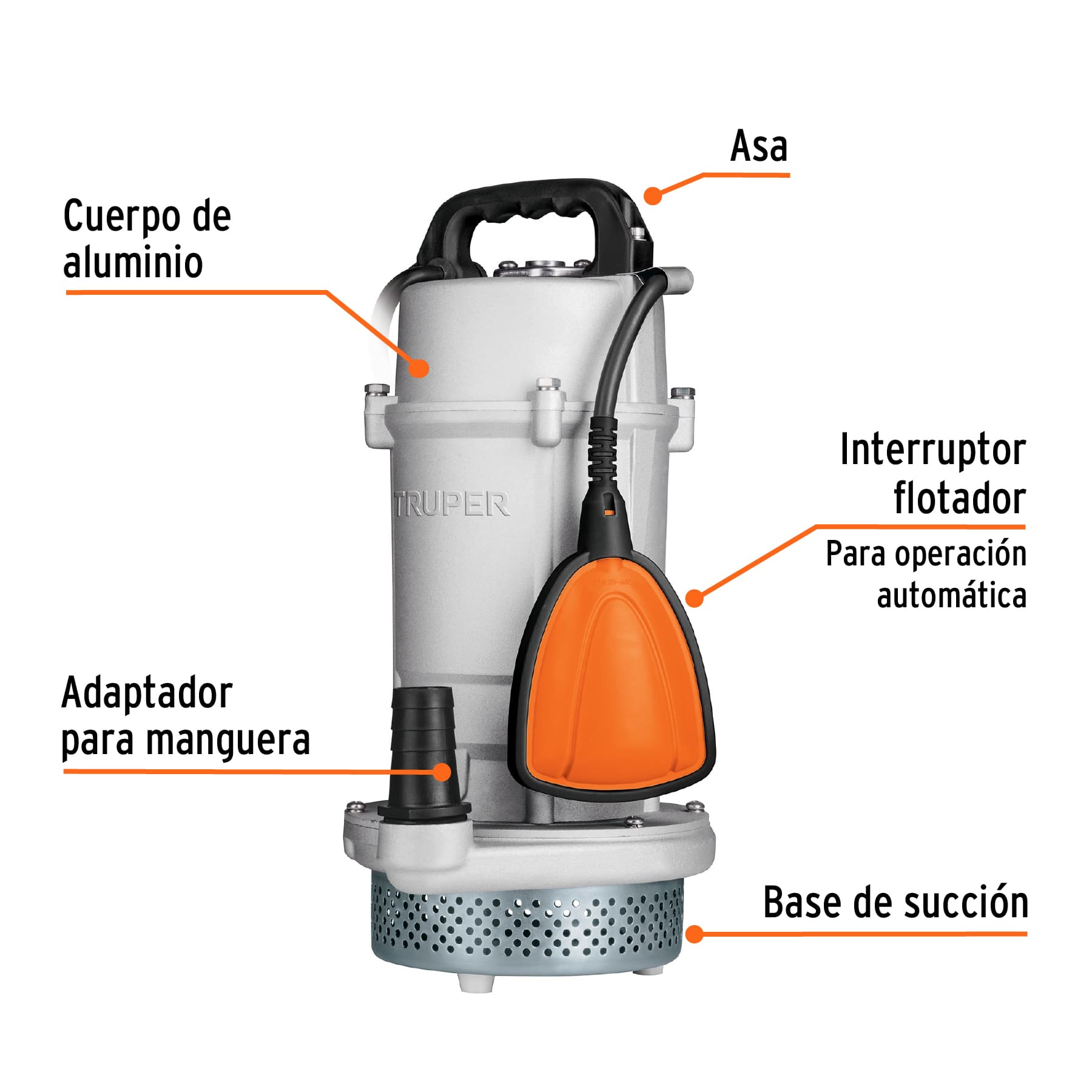 Bomba sumergible cubierta aluminio,agua limpia, 1 HP, TRUPER. Modelo: BOS-1LPX