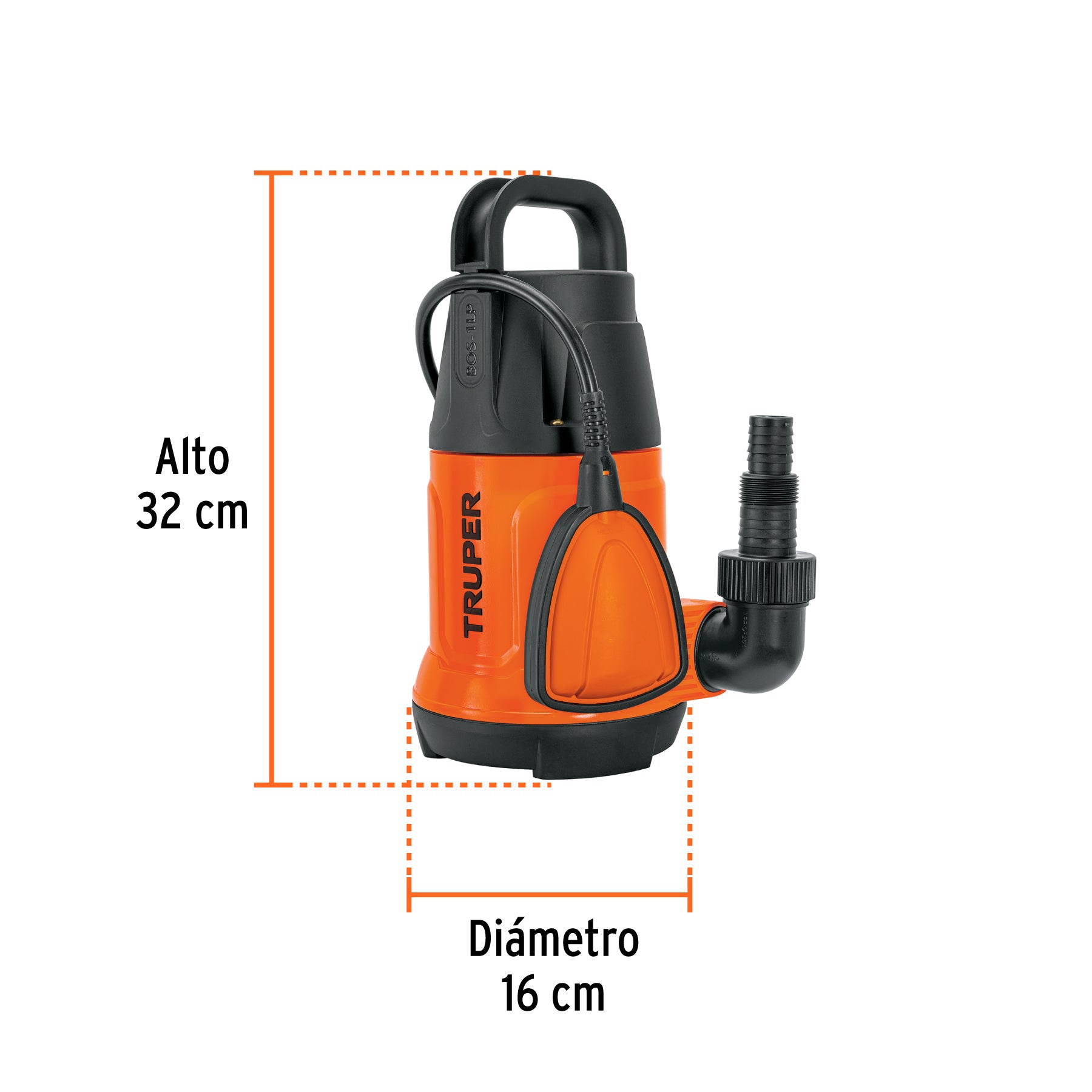 Bomba sumergible plástica, 1 HP para agua limpia, TRUPER. Modelo: BOS-1LP