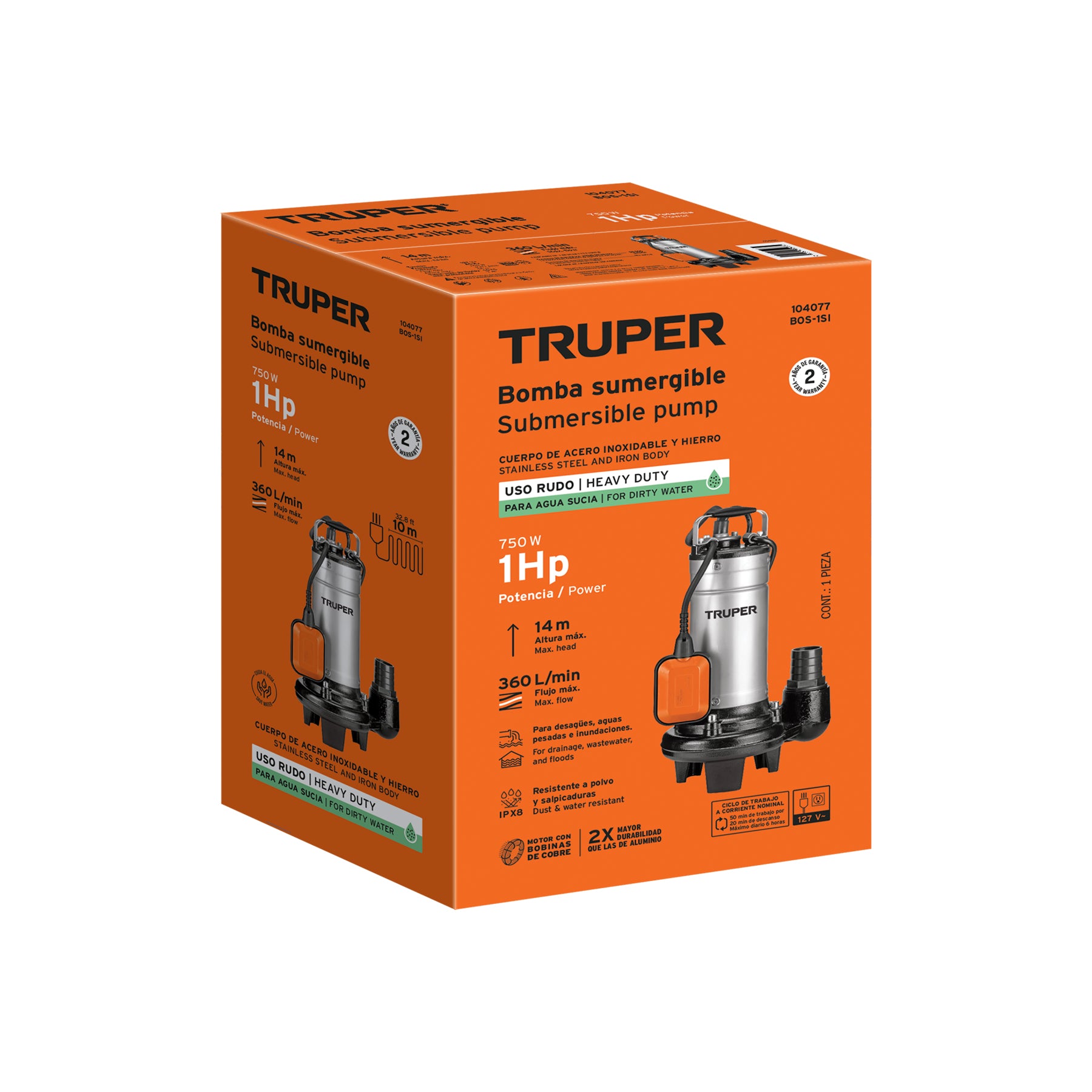 Bomba sumergible, 1 HP acero inox/hierro, para agua sucia. Modelo: BOS-1SI