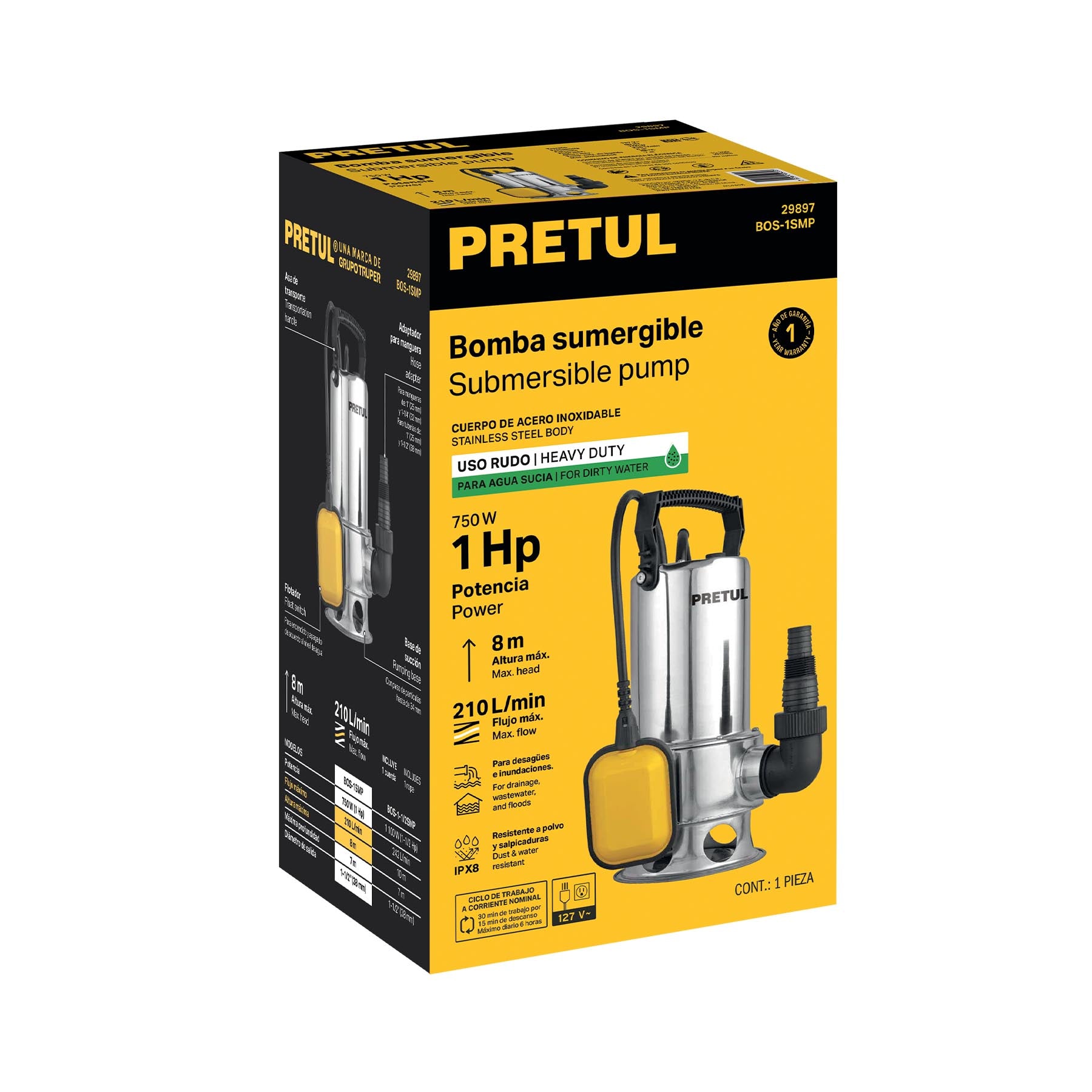 Bomba sumergible acero inoxidable, agua sucia, 1HP, PRETUL. Modelo: BOS-1SMP
