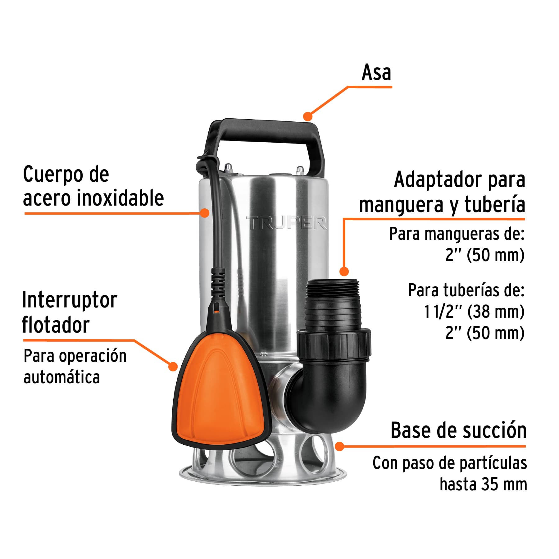 Bomba sumergible acero inoxidable, agua sucia, 1 HP, TRUPER. Modelo: BOS-1SM