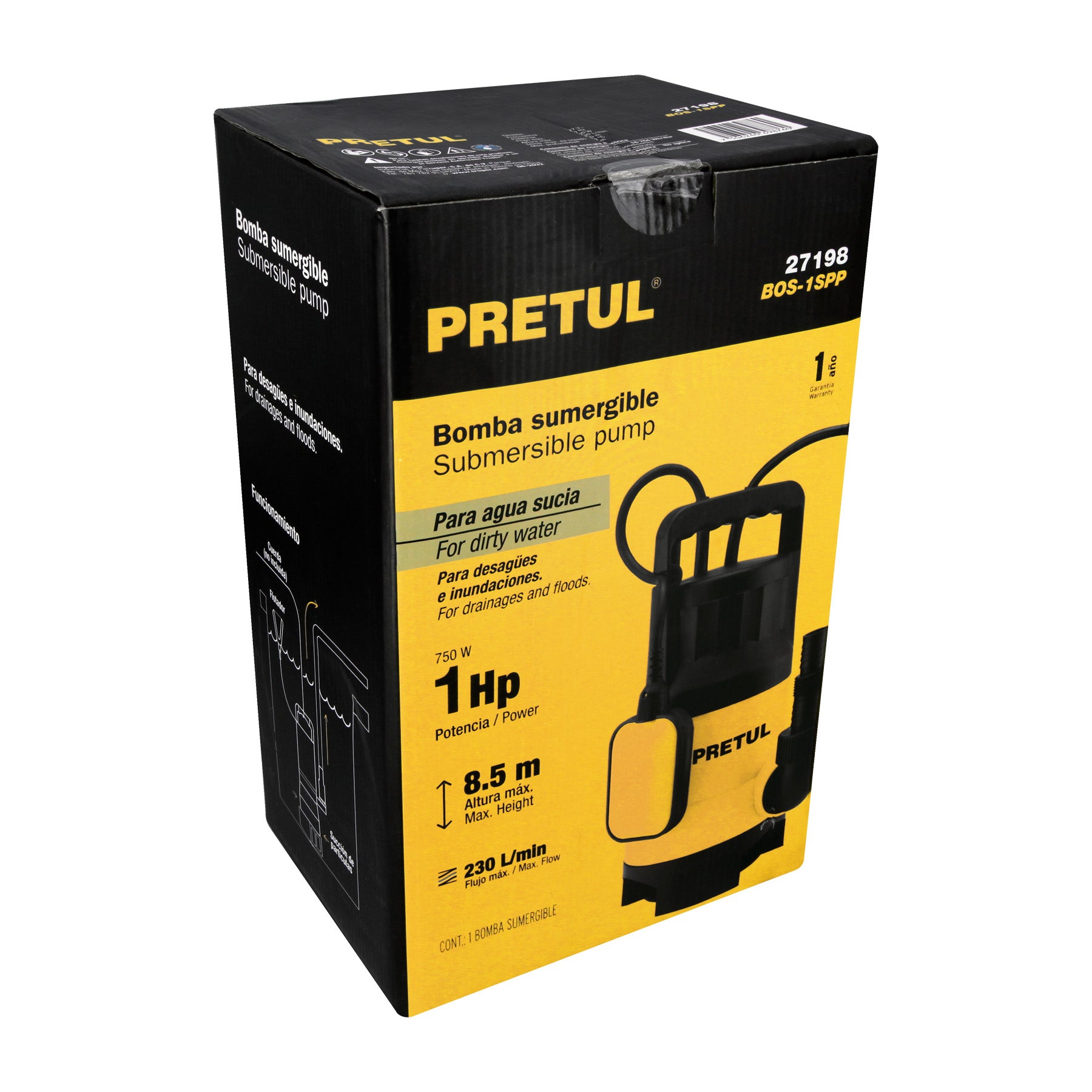 Bomba sumergible plástica, 1 HP para agua sucia, PRETUL. Modelo: BOS-1SPP