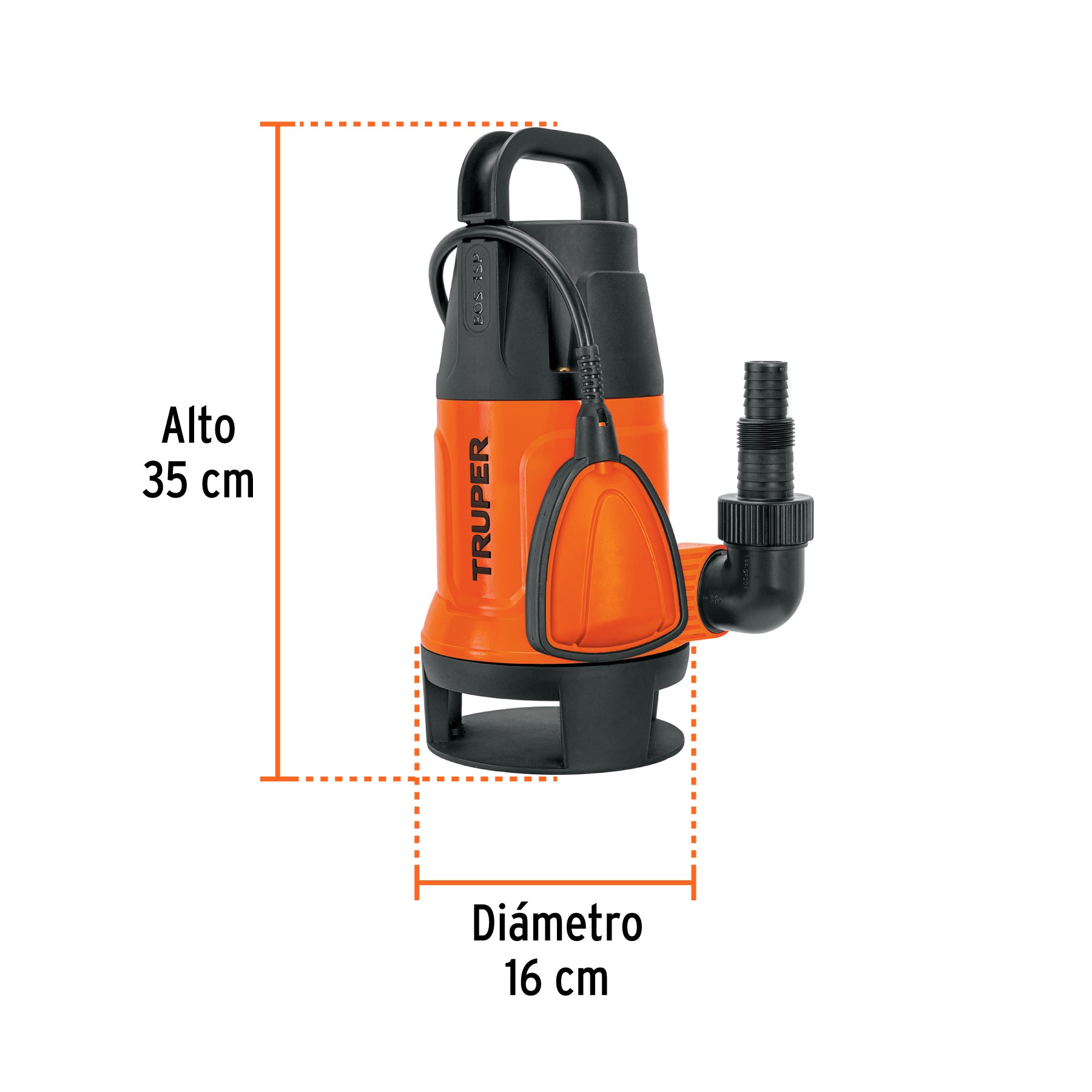 Bomba sumergible plástica, 1 HP para agua sucia, TRUPER. Modelo: BOS-1SP