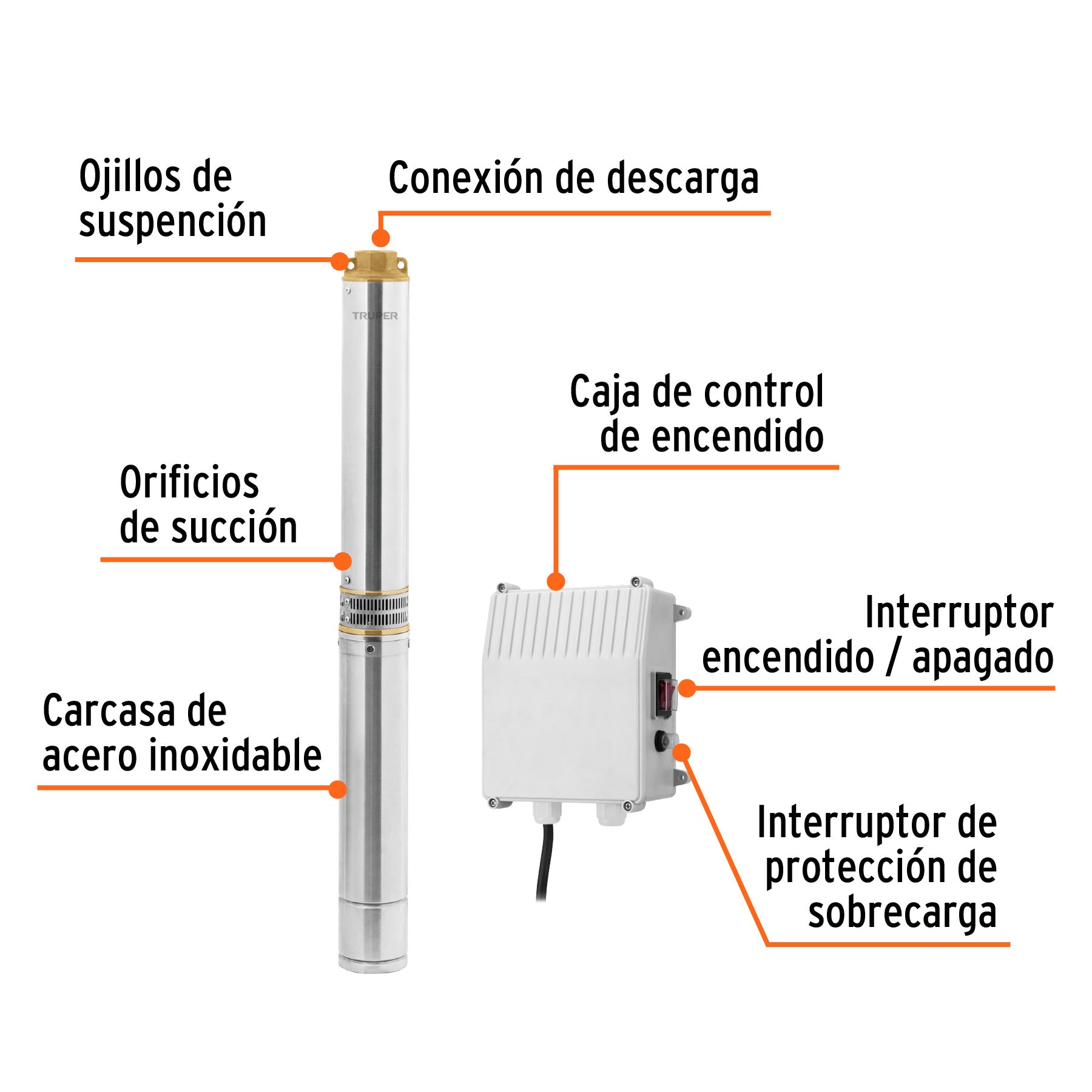 Bomba sumergible tipo bala 4', 2HP,uso agrícola, 220V,TRUPER. Modelo: BOS-2LM-2