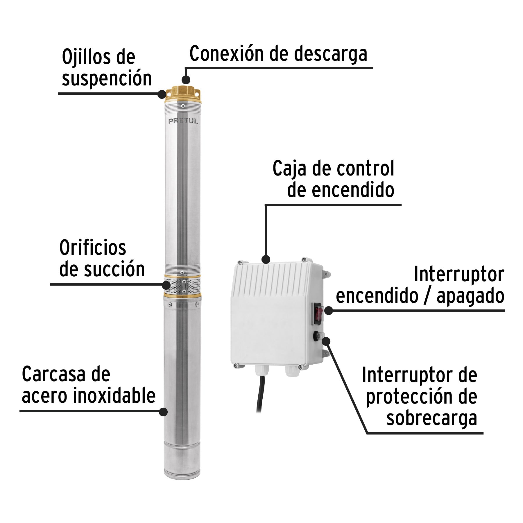 Bomba sumergible tipo bala 4', 2HP, uso agrícola, PRETUL. Modelo: BOS-2LMP
