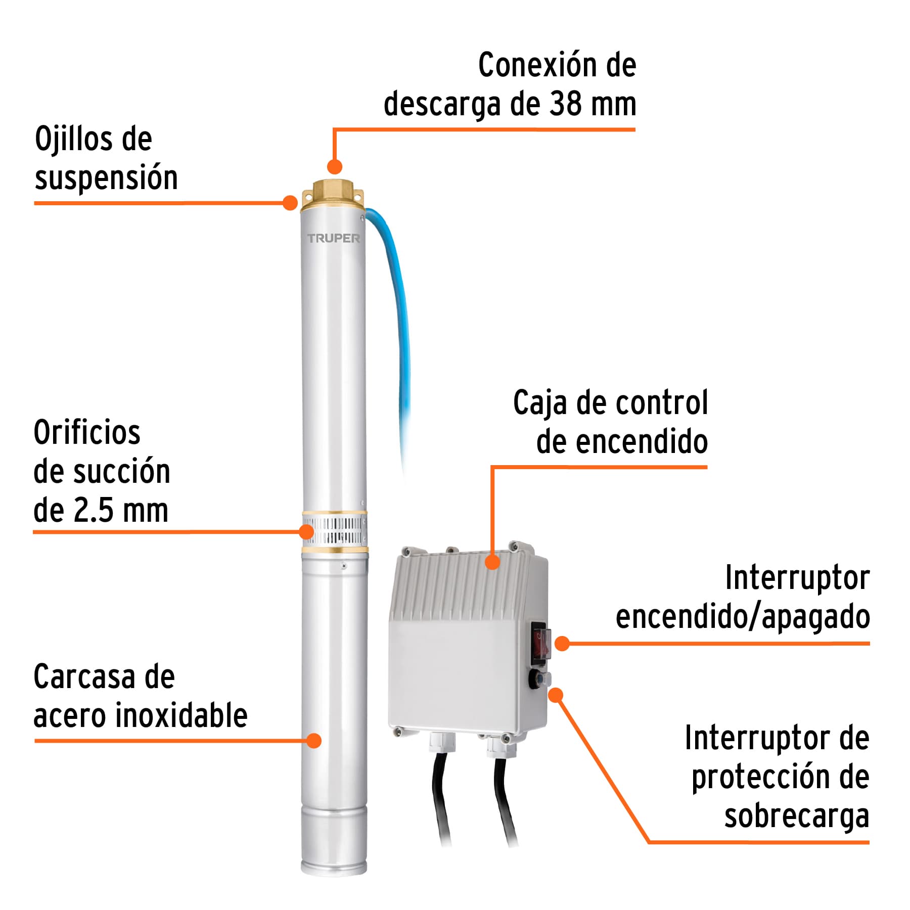 Bomba sumergible tipo bala 4', 2HP, uso agrícola, TRUPER. Modelo: BOS-2LM