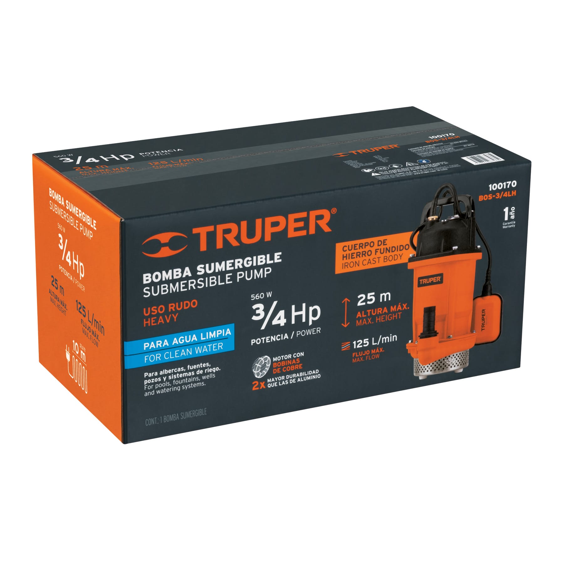 Bomba sumergible hierro fundido, agua limpia, 3/4 HP, TRUPER. Modelo: BOS-3/4LH