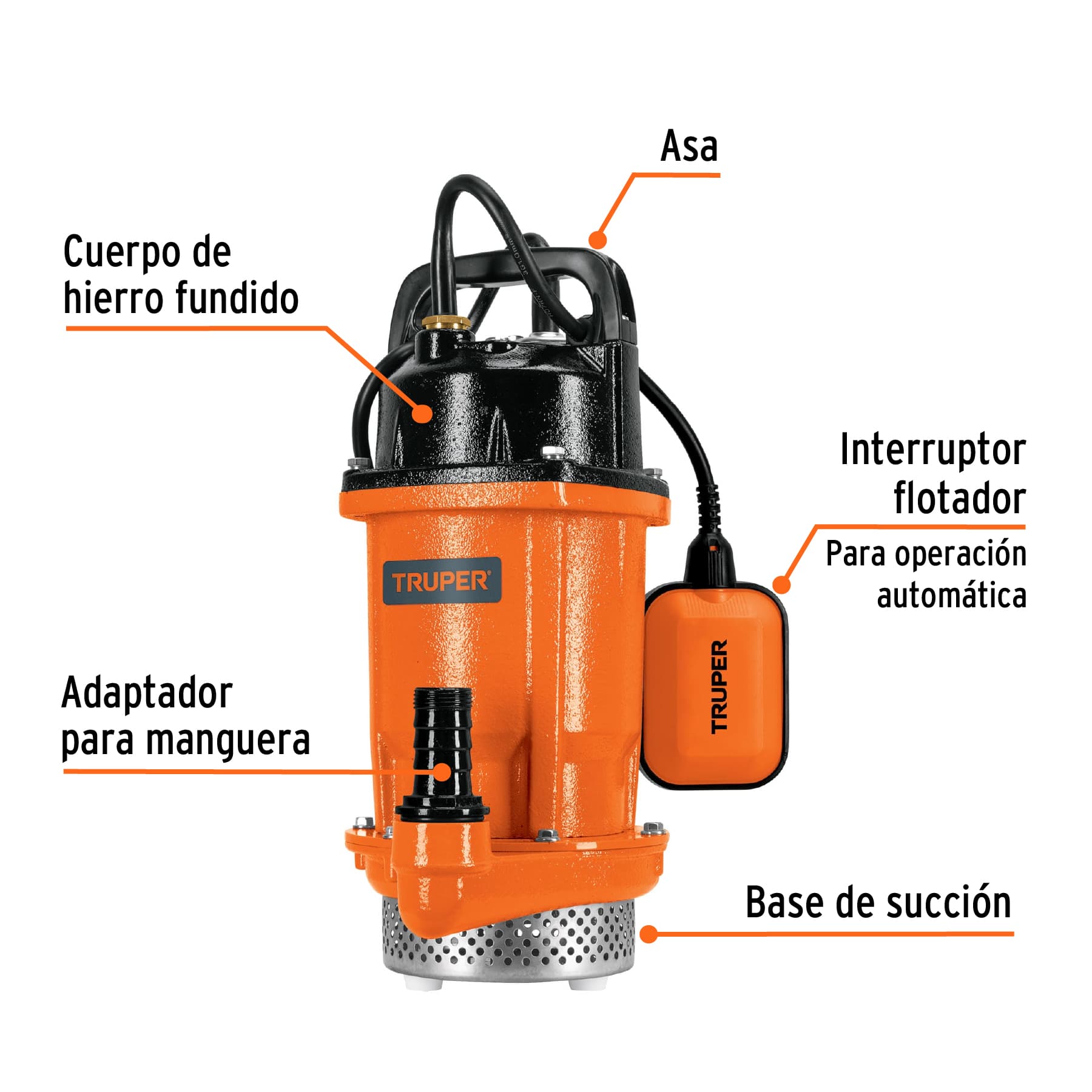 Bomba sumergible hierro fundido, agua limpia, 3/4 HP, TRUPER. Modelo: BOS-3/4LH