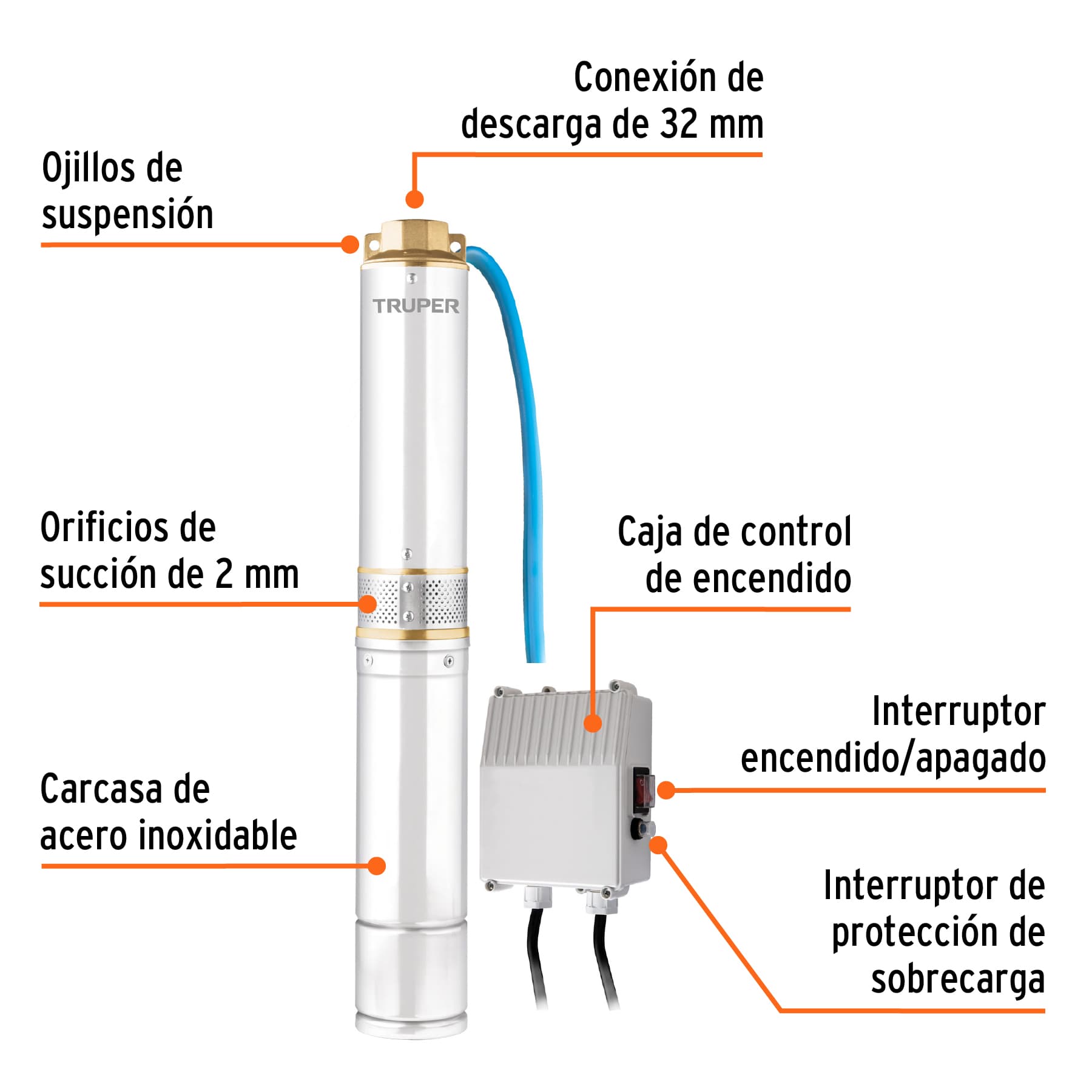 Bomba sumergible tipo bala 4', 3/4HP, uso agrícola, TRUPER. Modelo: BOS-3/4LM2