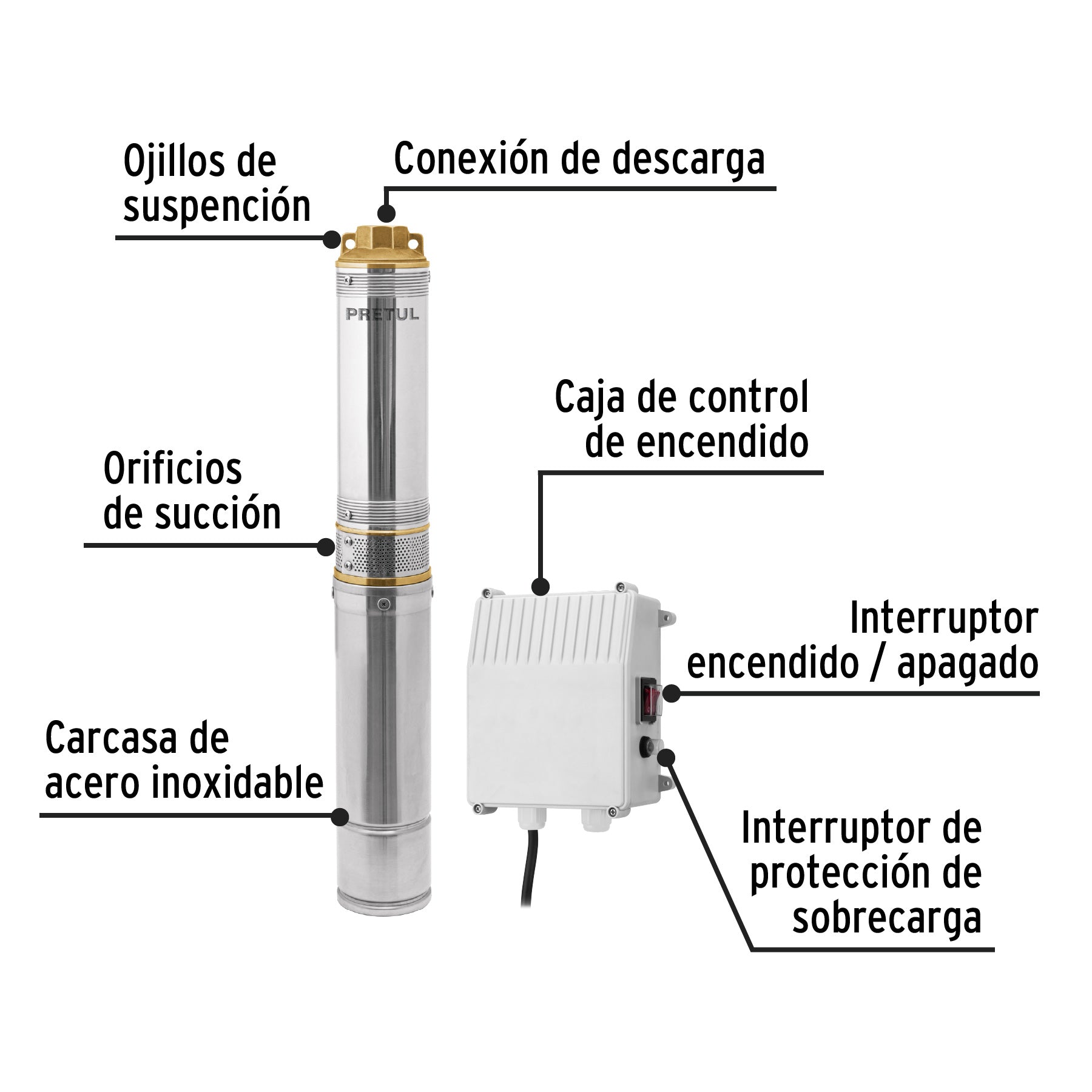 Bomba sumergible tipo bala 4', 3/4HP, uso agrícola, PRETUL. Modelo: BOS-3/4LMP