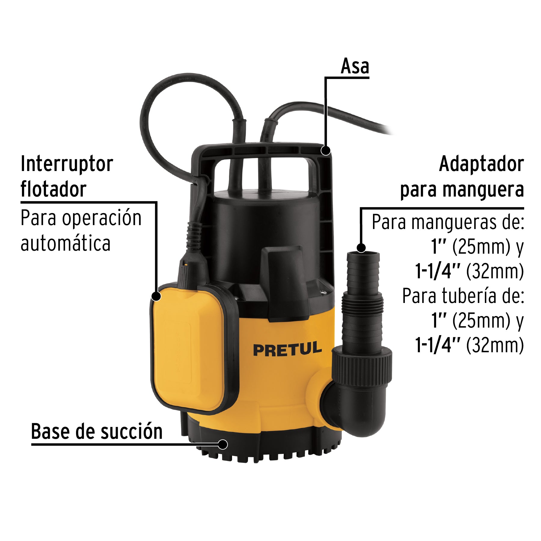 Bomba sumergible plástica, 3/4 HP para agua limpia, PRETUL. Modelo: BOS-3/4LPP
