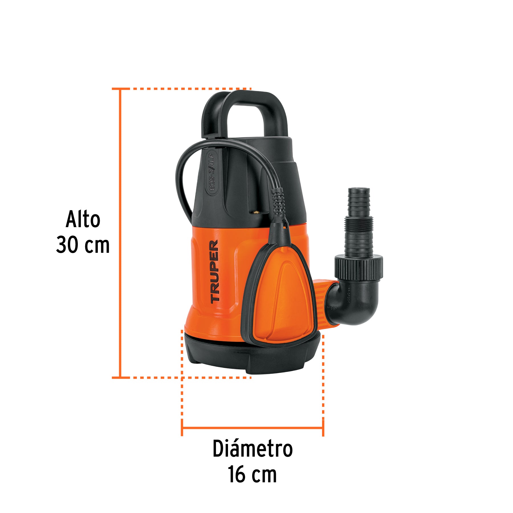Bomba sumergible plástica, 3/4 HP para agua limpia, TRUPER. Modelo: BOS-3/4LP