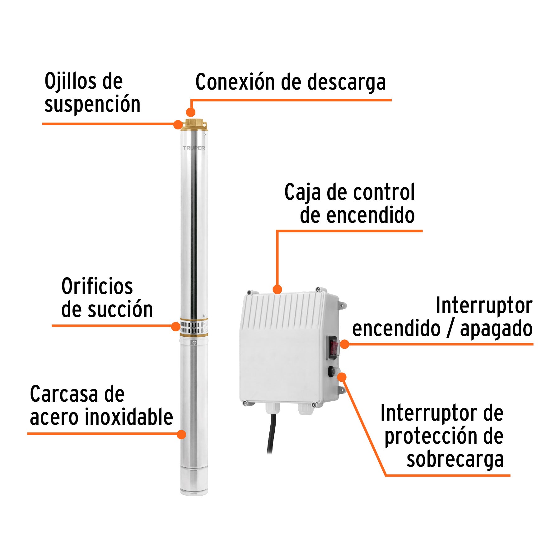 Bomba sumergible tipo bala 4', 3HP,uso agrícola, 220V,TRUPER. Modelo: BOS-3LM-2