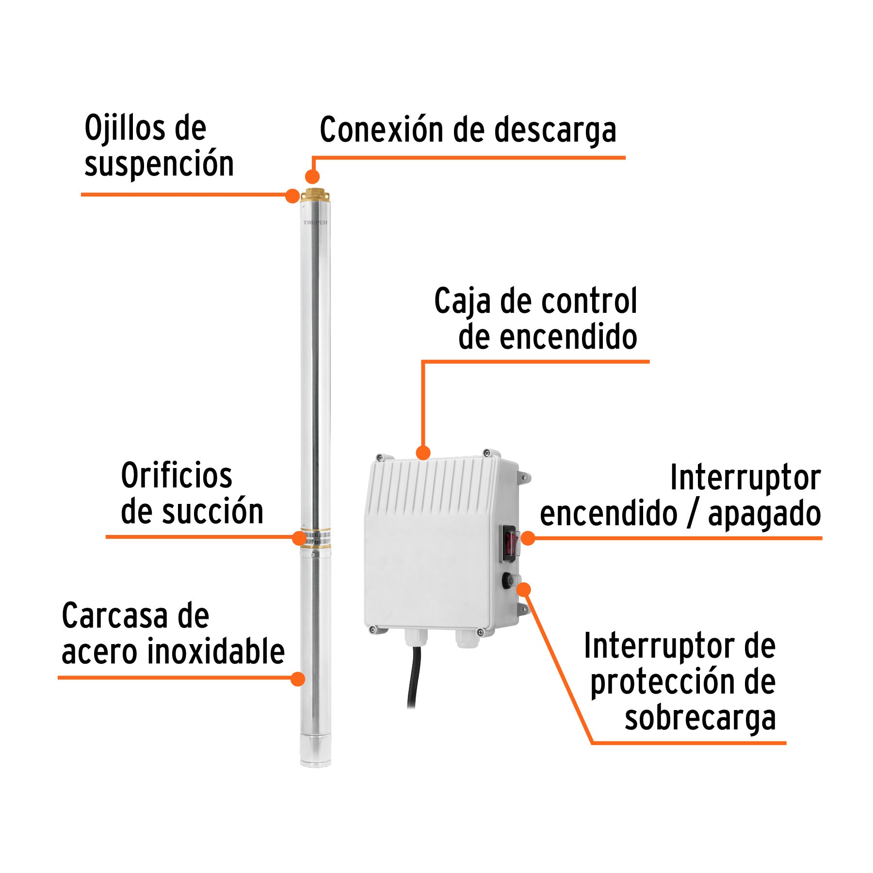 Bomba sumergible tipo bala 4', 5-1/2HP,agrícola, 220V,TRUPER. Modelo: BOS-5-1/2LM-2