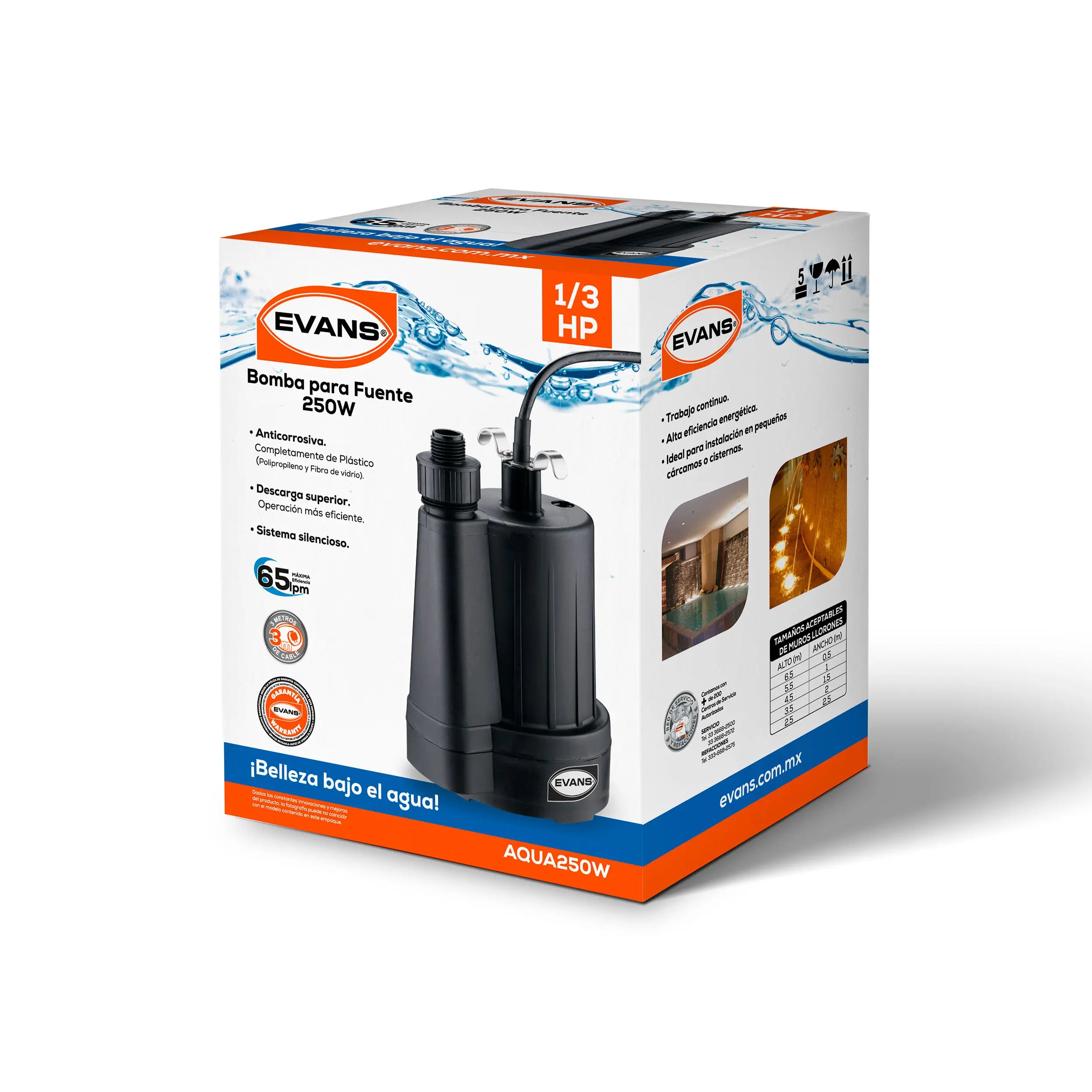 Bomba para fuente y ornato 1/3 HP 127 V monofásico Marca EVANS. Modelo: AQUA250W