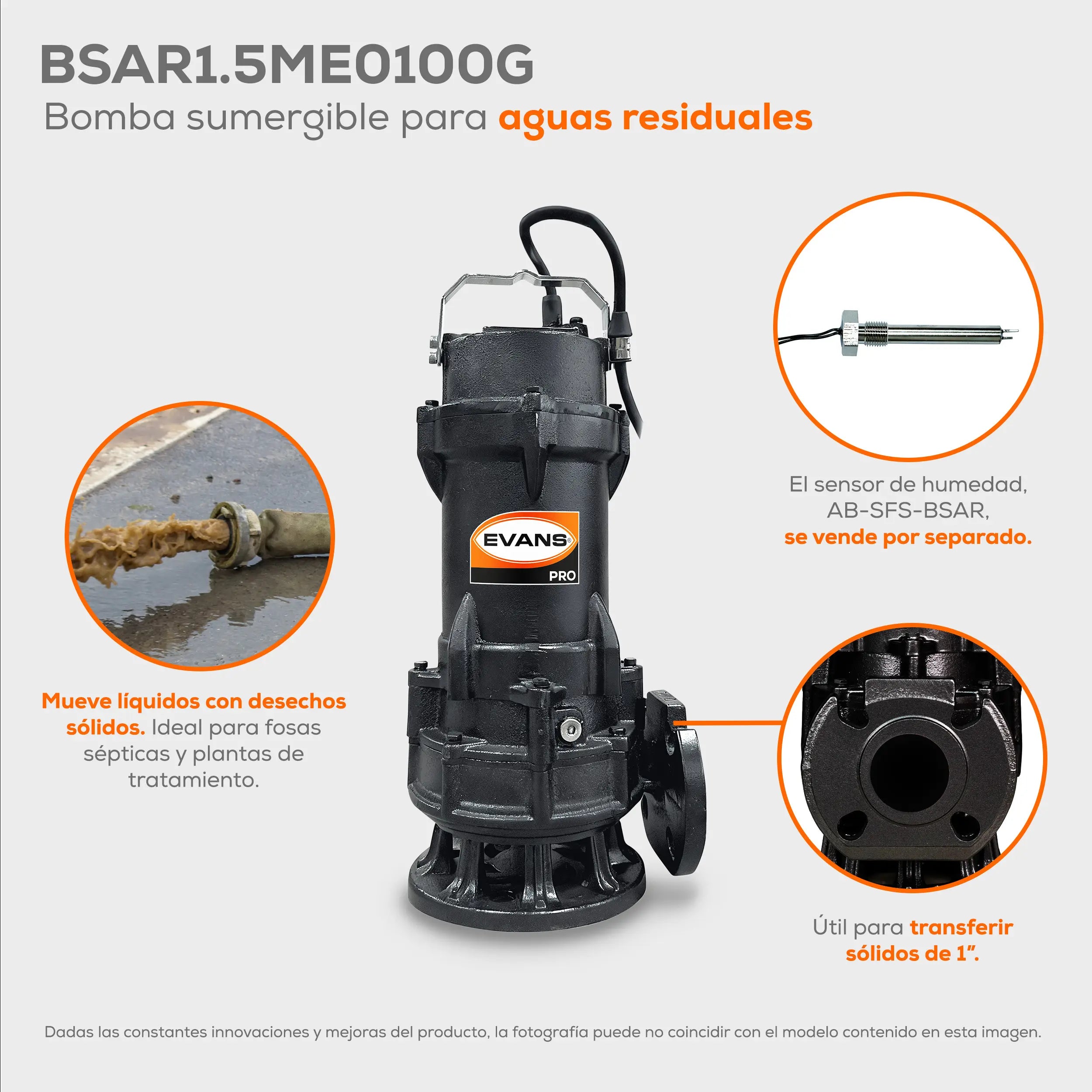 Bomba sumergible para aguas residuales 1 HP 250 LPM 220 V trifásico Marca EVANS. Modelo: BSAR1.5ME0100G
