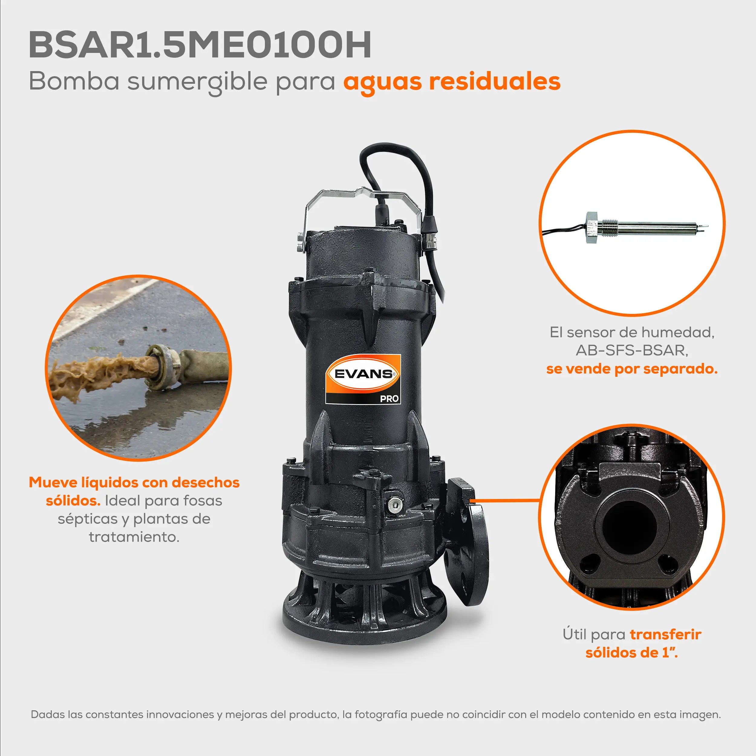 Bomba sumergible para aguas residuales 1 HP 250 LPM 440 V trifásico Marca EVANS. Modelo: BSAR1.5ME0100H