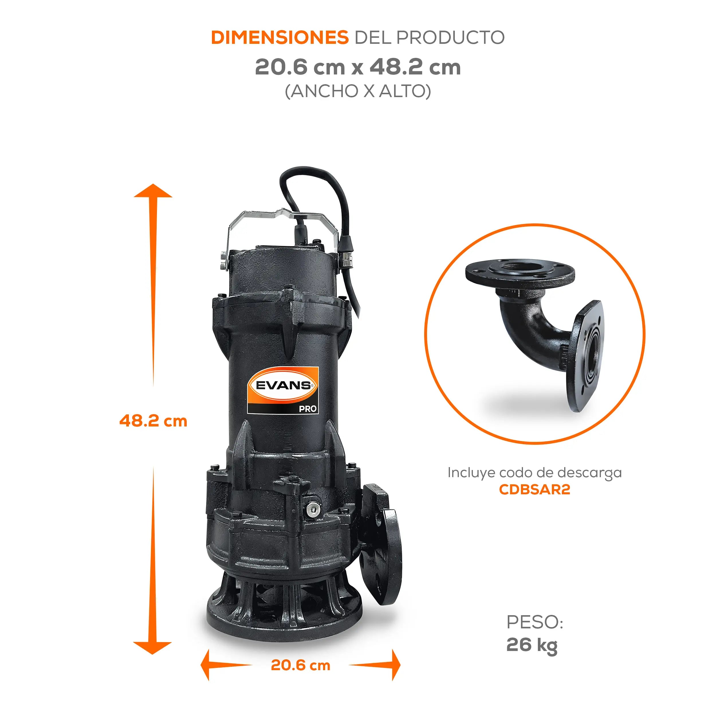 Bomba sumergible para aguas residuales 1 HP 250 LPM 440 V trifásico Marca EVANS. Modelo: BSAR1.5ME0100H