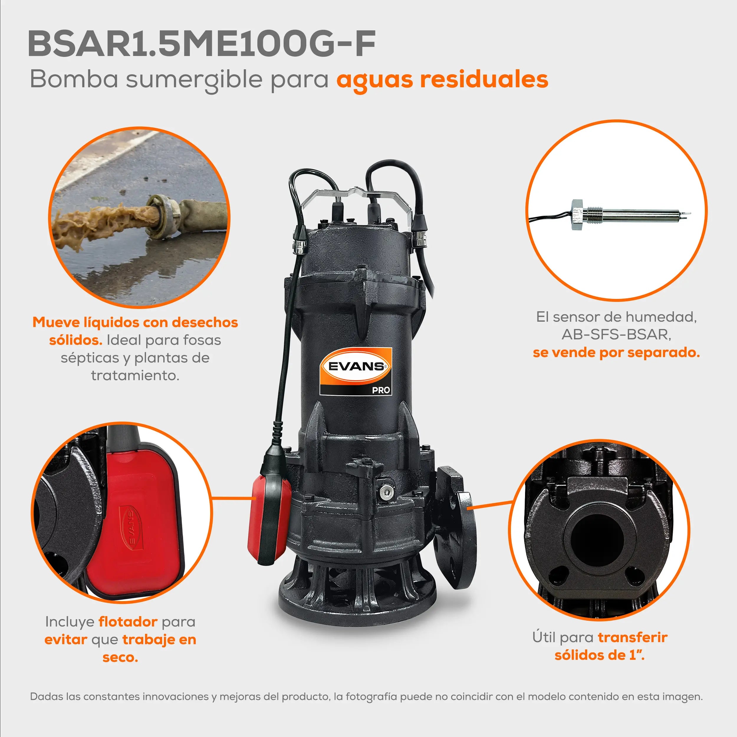 Bomba sumergible para aguas residuales 1 HP 250 LPM 220 V monofásico Marca EVANS. Modelo: BSAR1.5ME100G-F