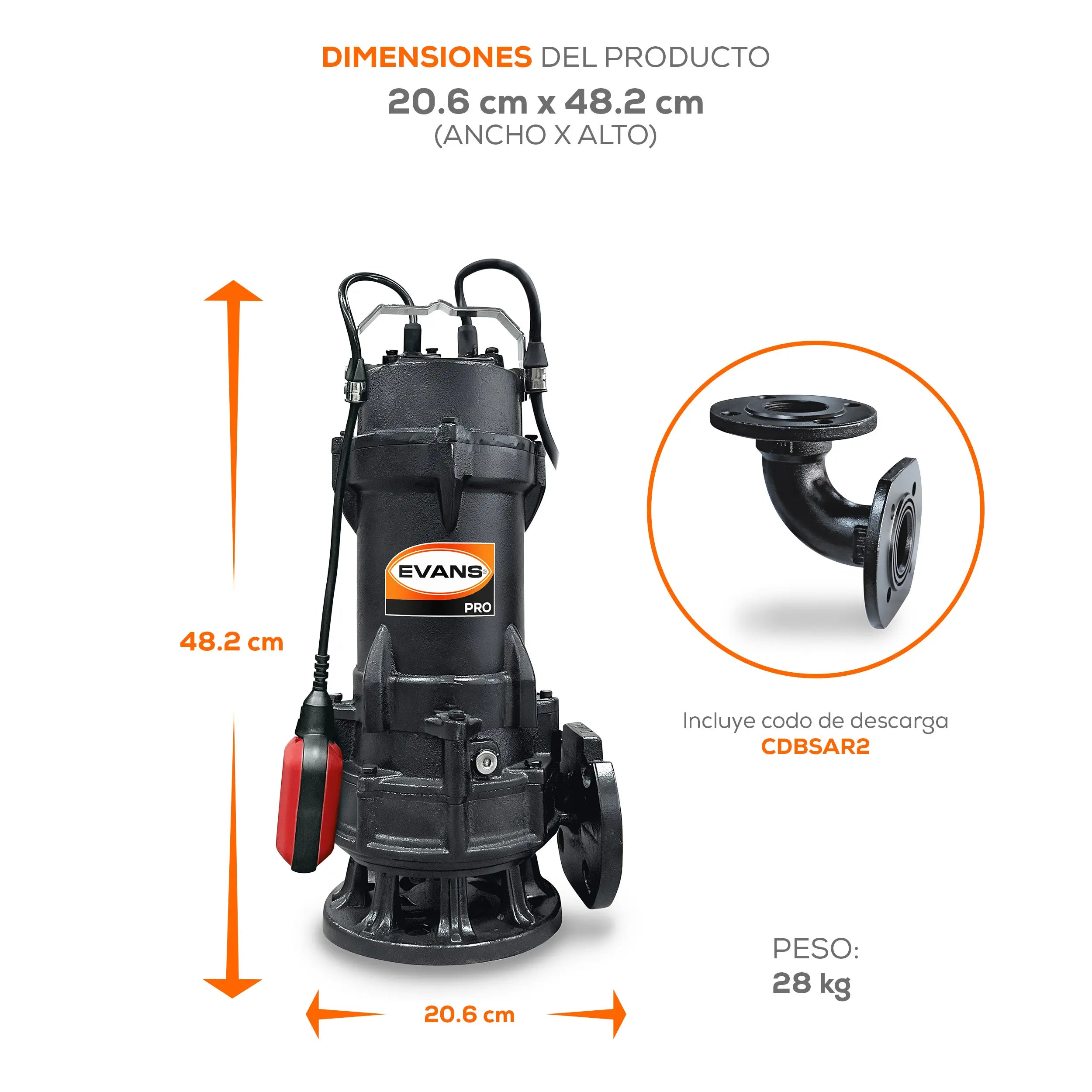 Bomba sumergible para aguas residuales 1 HP 250 LPM 220 V monofásico Marca EVANS. Modelo: BSAR1.5ME100G-F