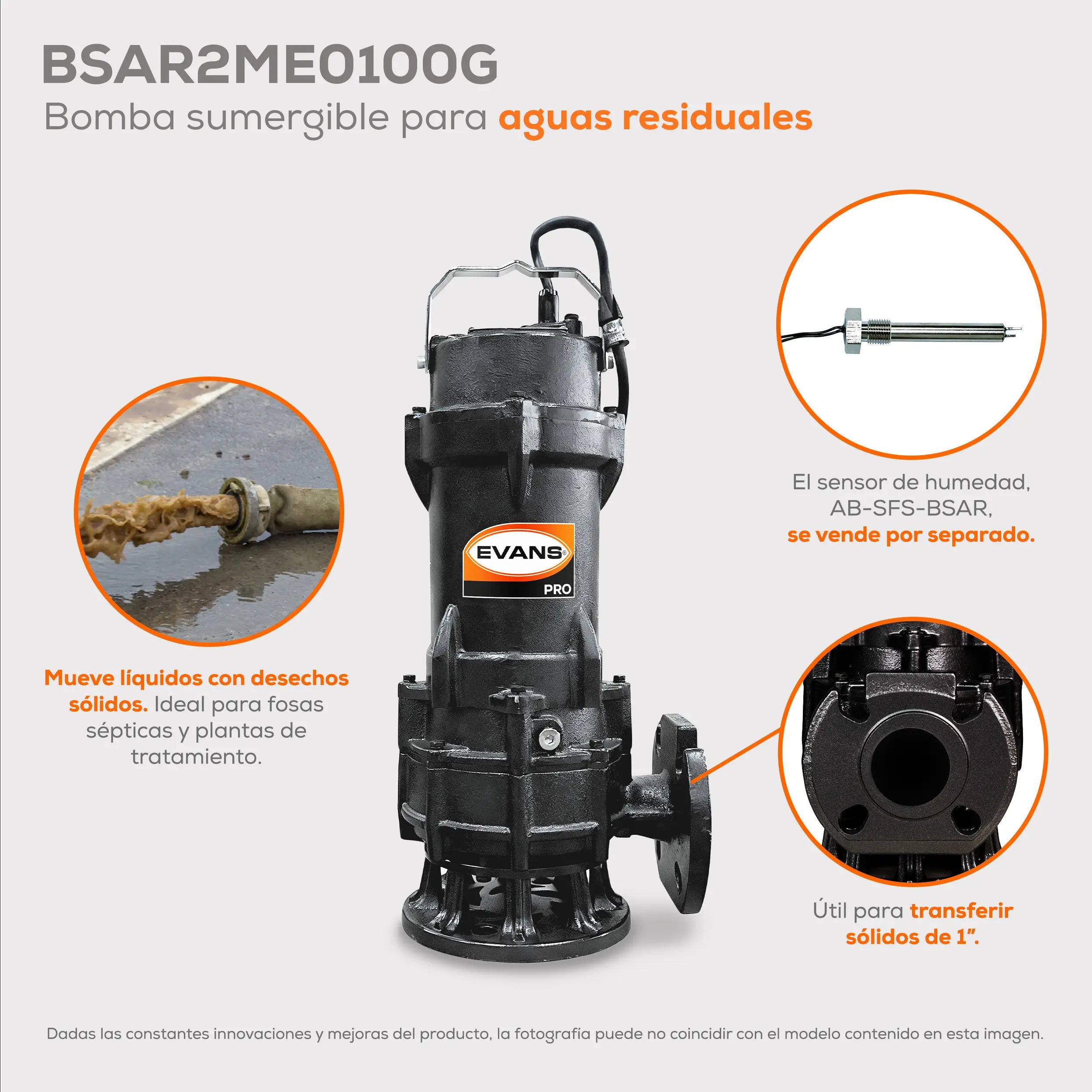 Bomba sumergible para aguas residuales 1 HP 400 LPM 220 V trifásico Marca EVANS. Modelo: BSAR2ME0100G