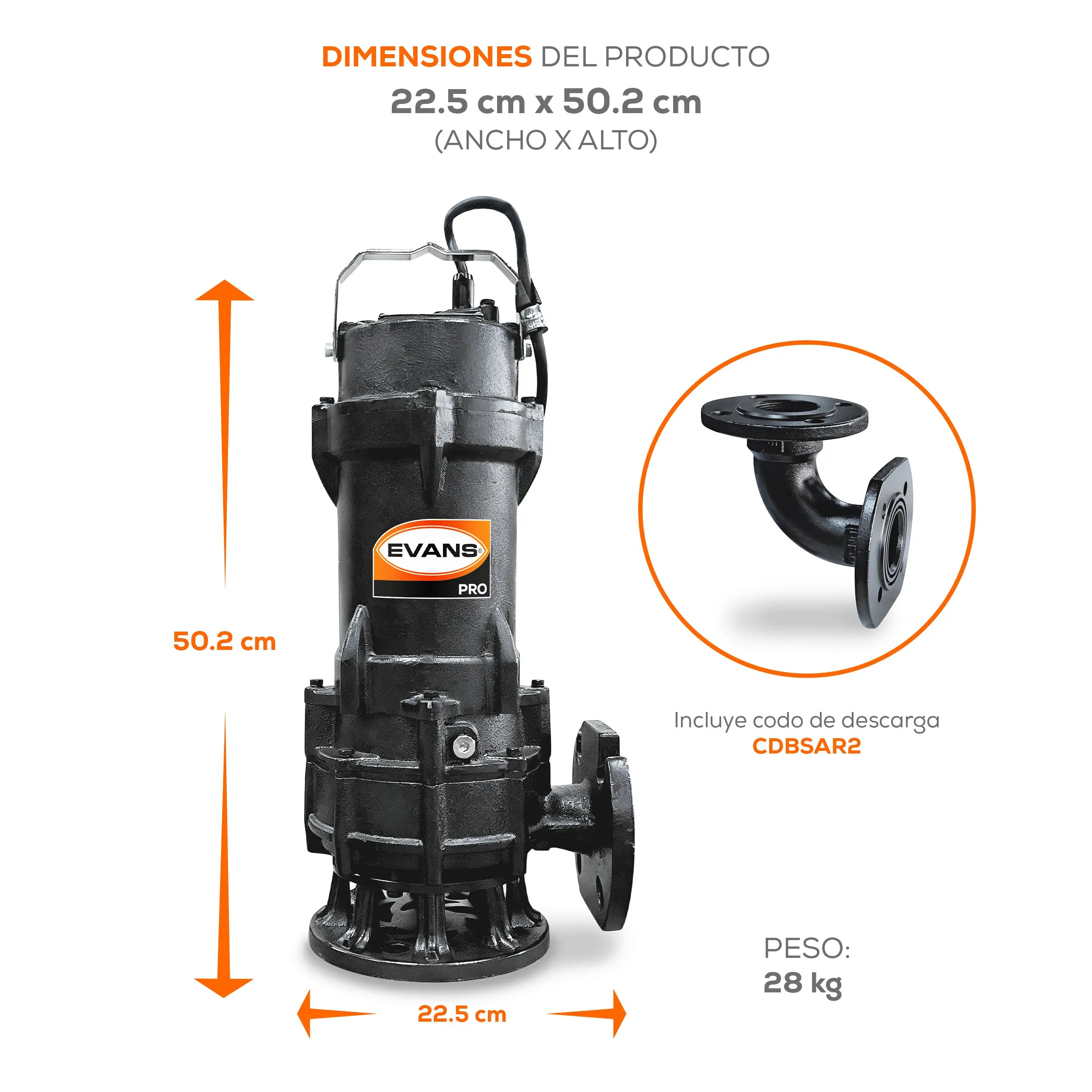 Bomba sumergible para aguas residuales 1 HP 400 LPM 220 V trifásico Marca EVANS. Modelo: BSAR2ME0100G