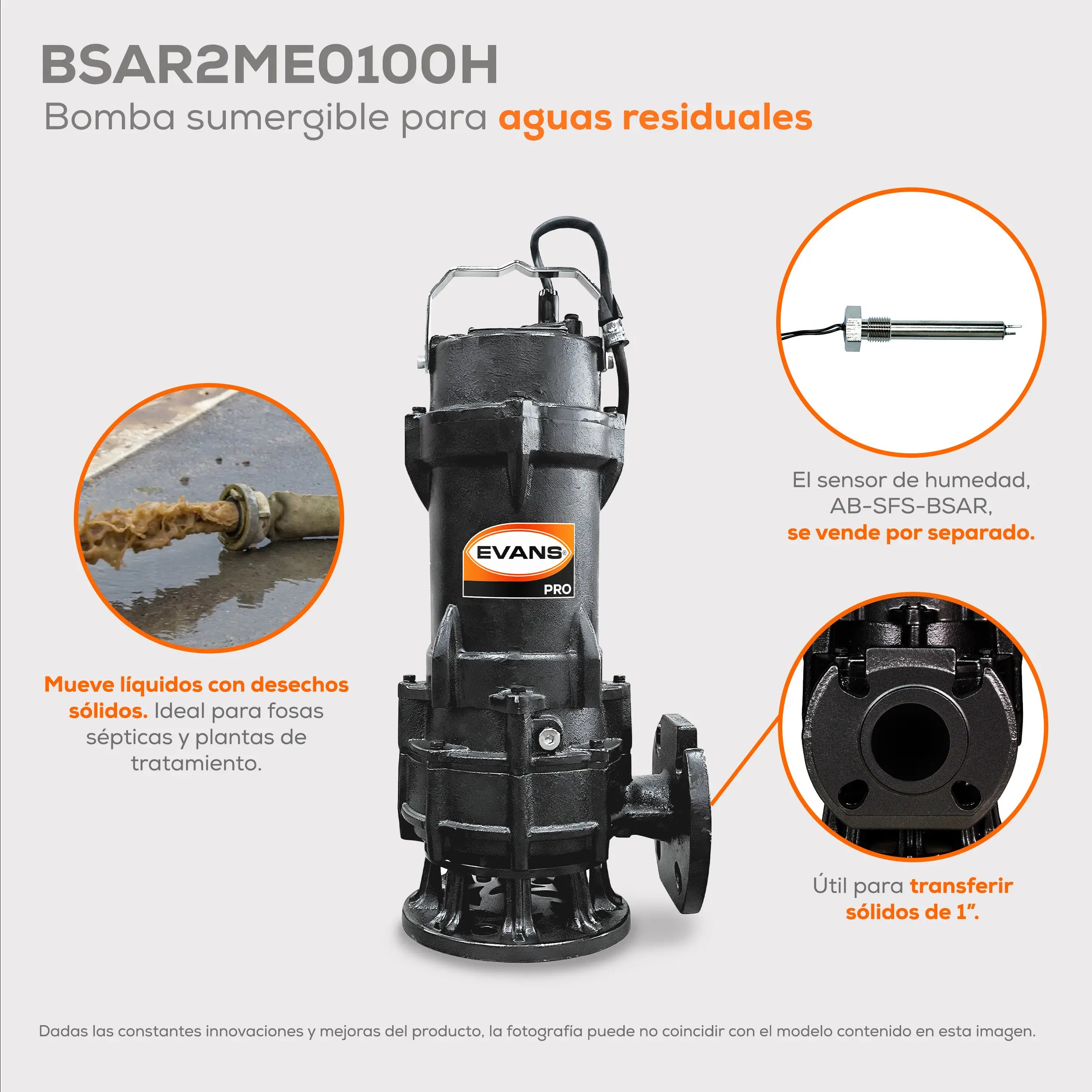 Bomba sumergible para aguas residuales 1 HP 400 LPM 440 V trifásico Marca EVANS. Modelo: BSAR2ME0100H